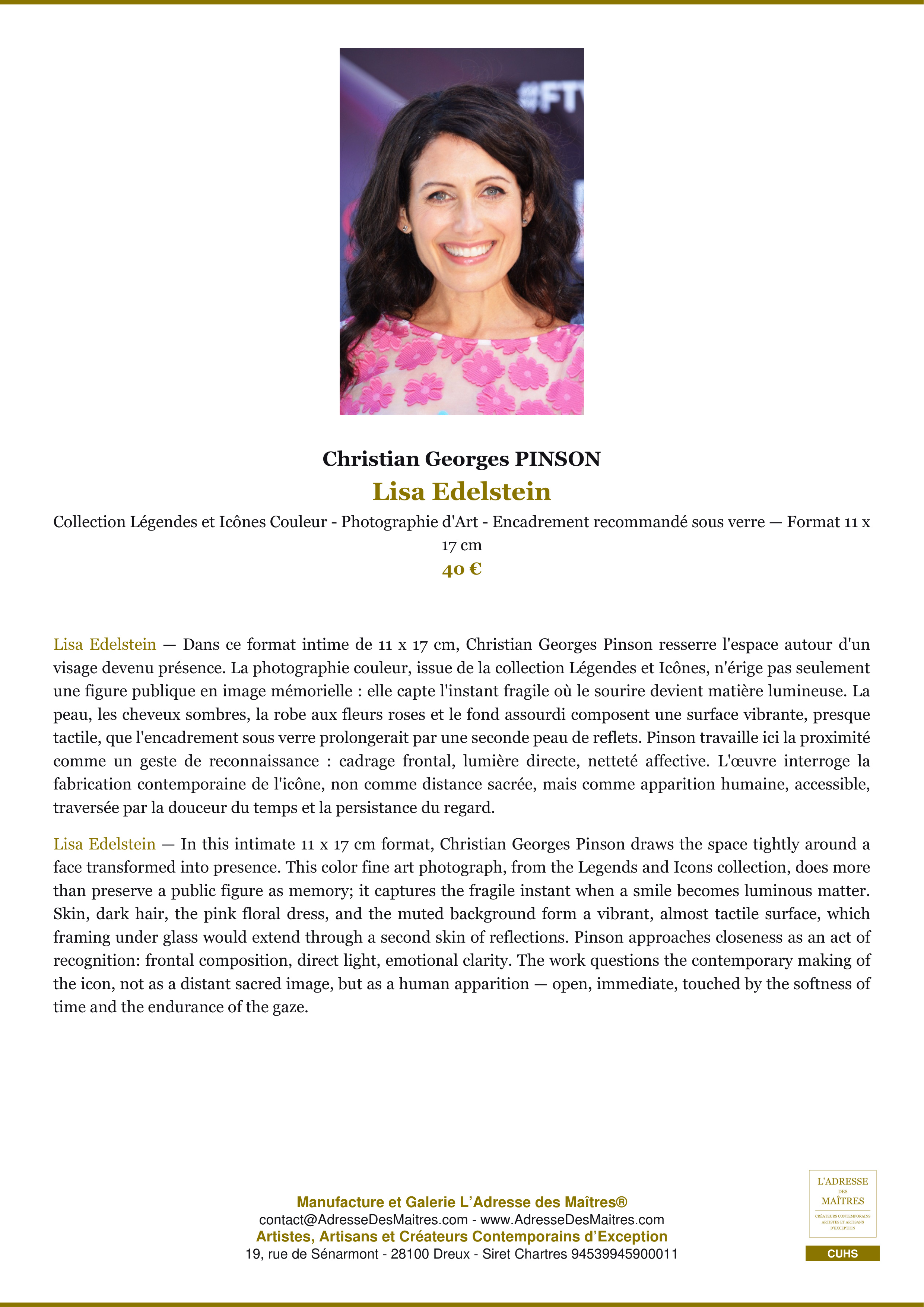 Fiche Premium — Lisa Edelstein — Christian Georges PINSON — L'Adresse des Maîtres®