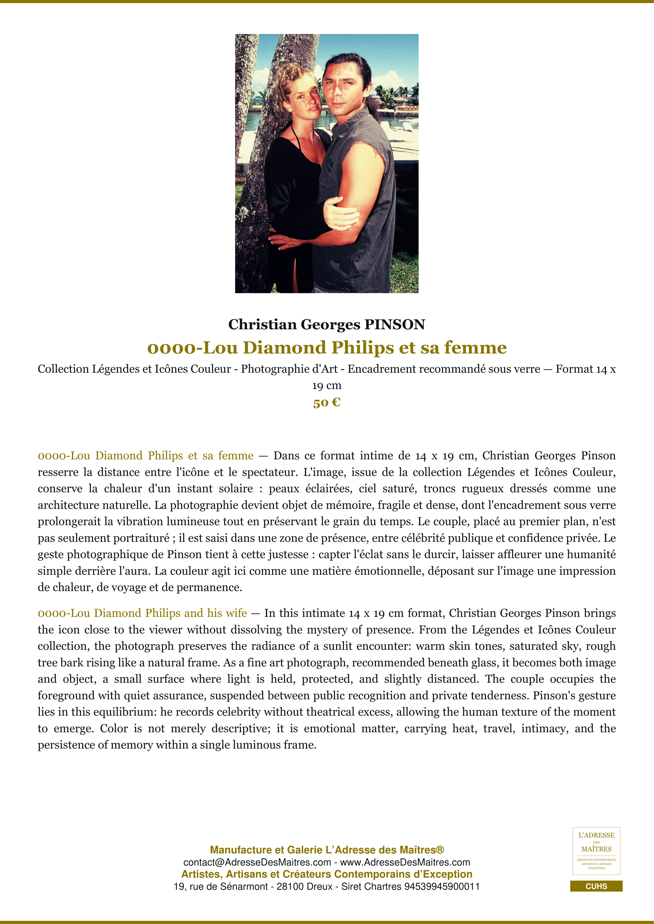 Fiche Premium — 0000-Lou Diamond Philips et sa femme — Christian Georges PINSON — L'Adresse des Maîtres®
