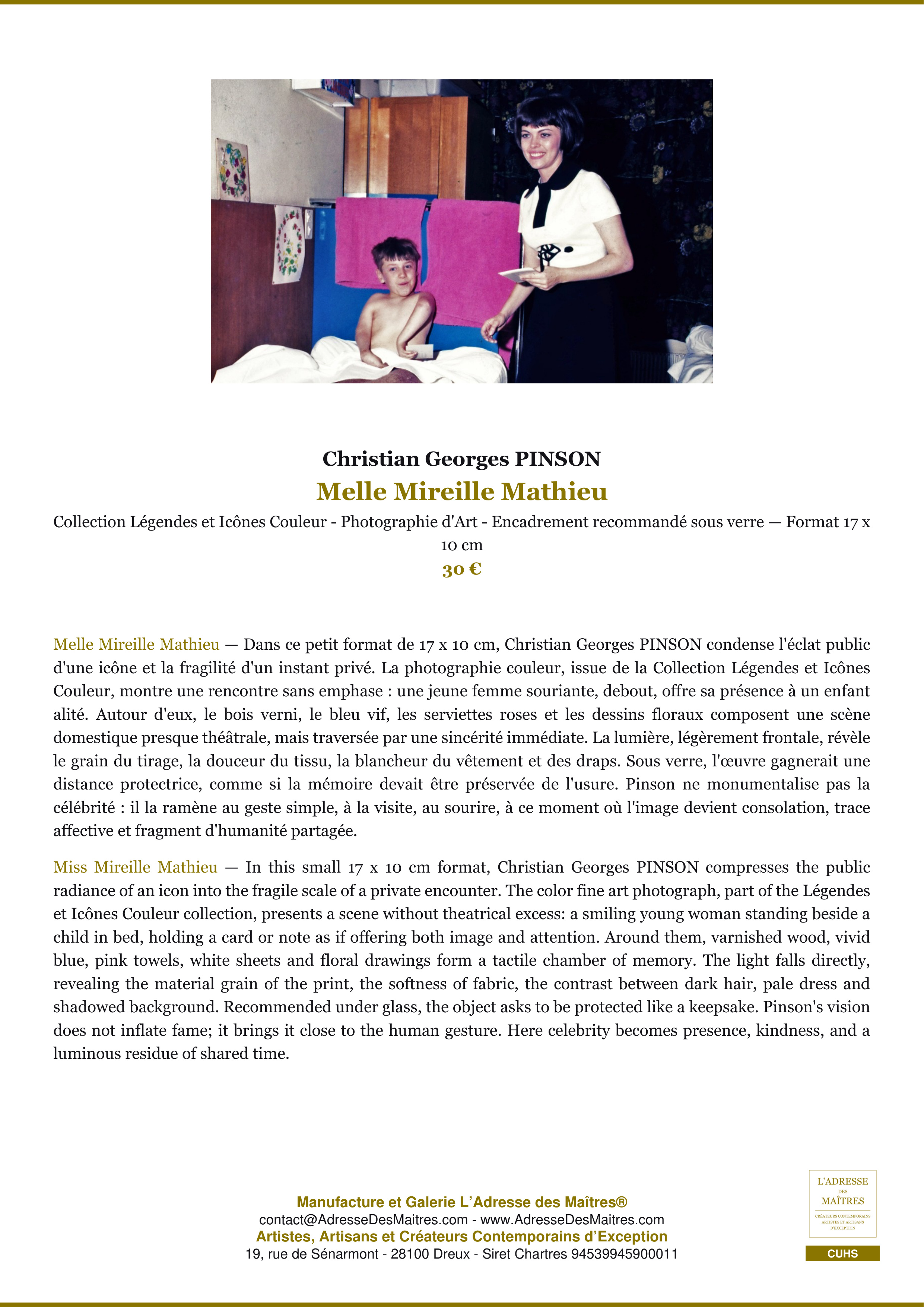 Fiche Premium — Melle Mireille Mathieu — Christian Georges PINSON — L'Adresse des Maîtres®