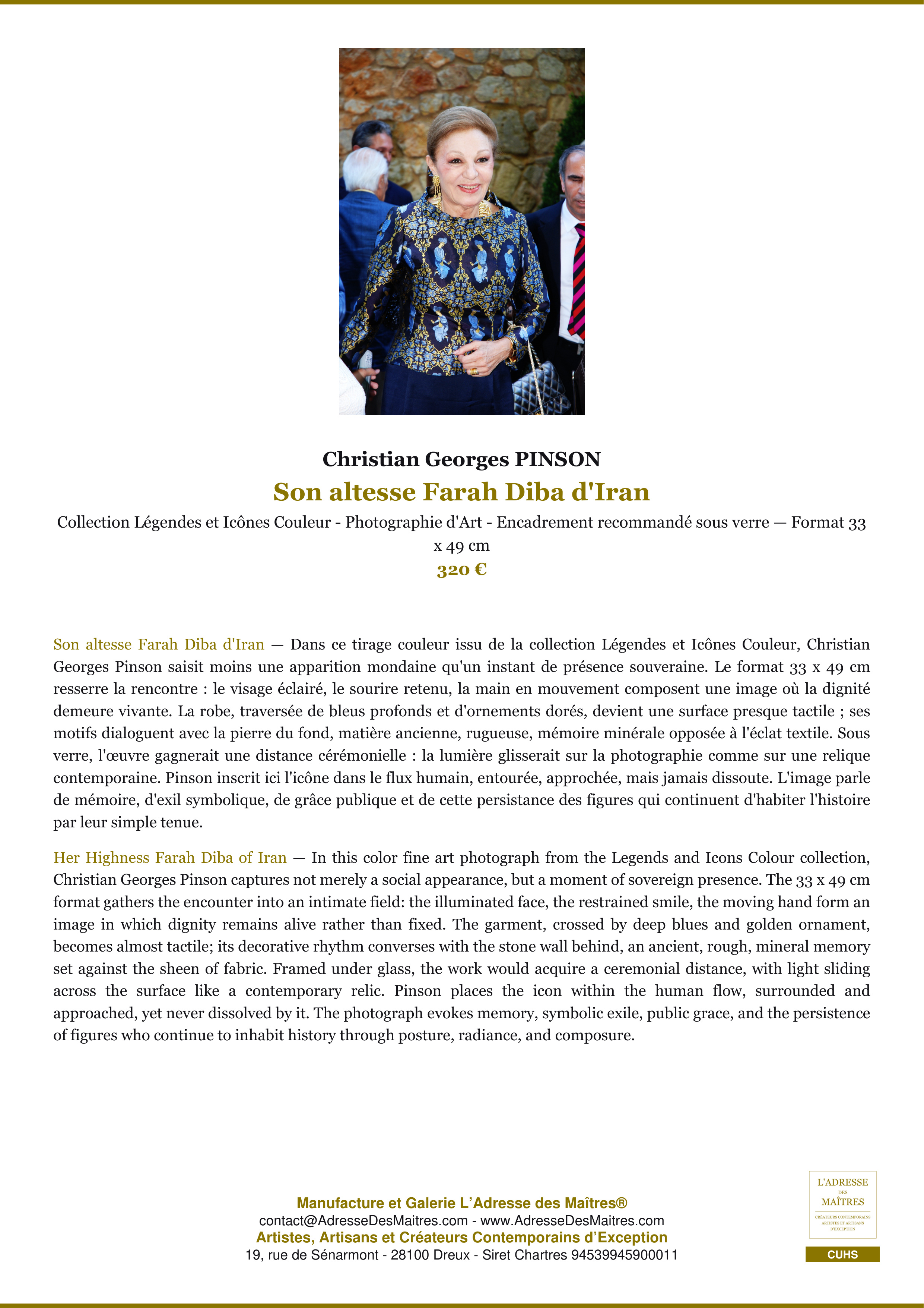 Fiche Premium — Son altesse Farah Diba d'Iran — Christian Georges PINSON — L'Adresse des Maîtres®