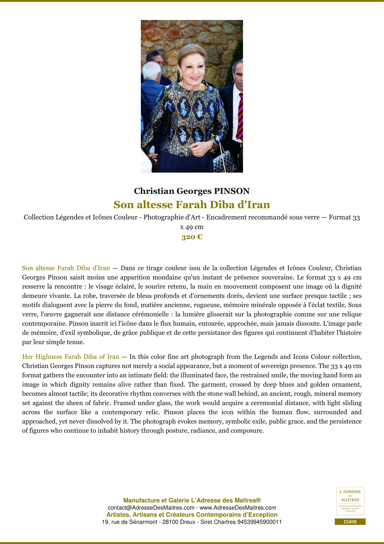 Fiche Premium - Son altesse Farah Diba d'Iran - Christian Georges PINSON - L'Adresse des Maîtres®