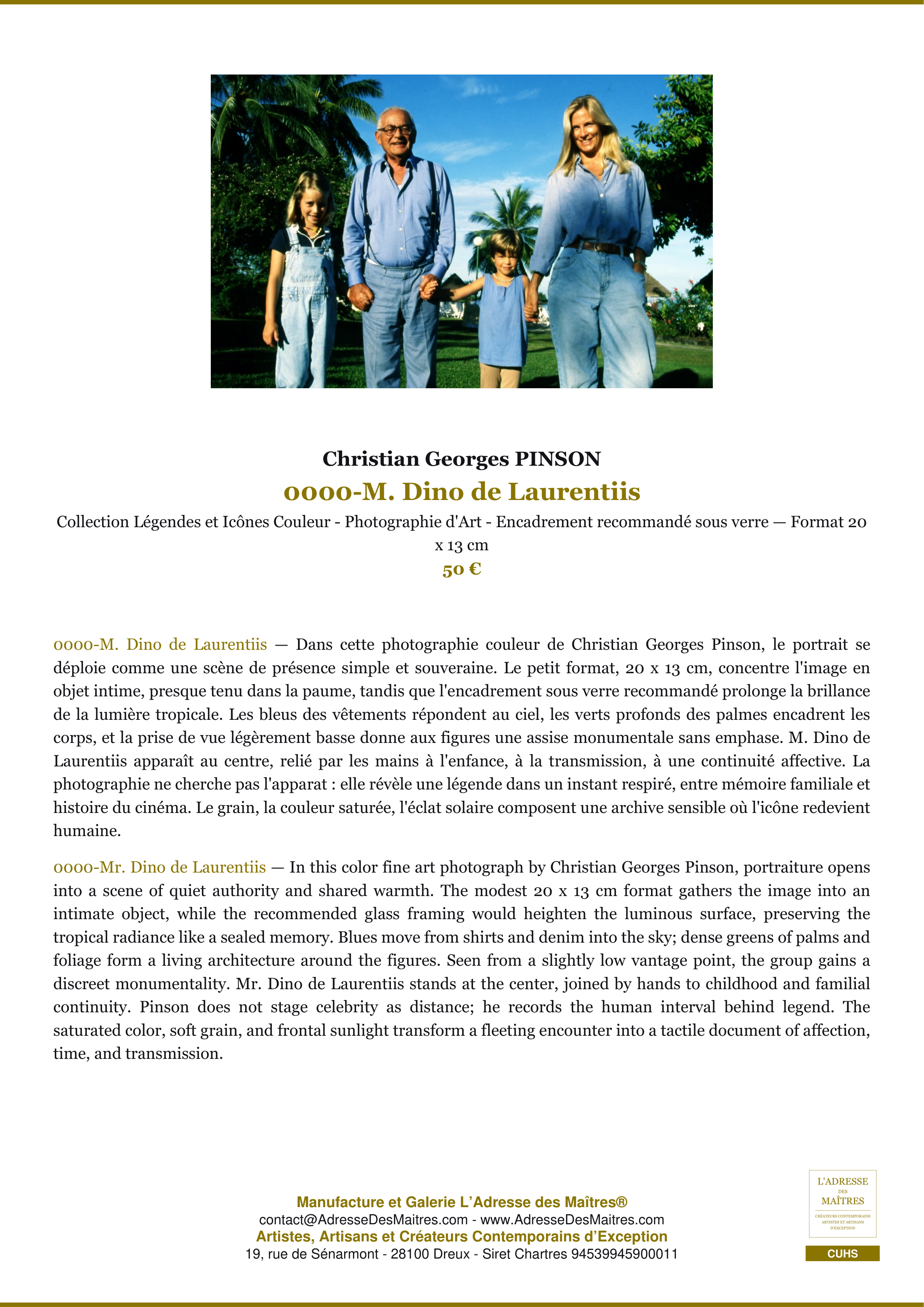 Fiche Premium — 0000-M. Dino de Laurentiis — Christian Georges PINSON — L'Adresse des Maîtres®