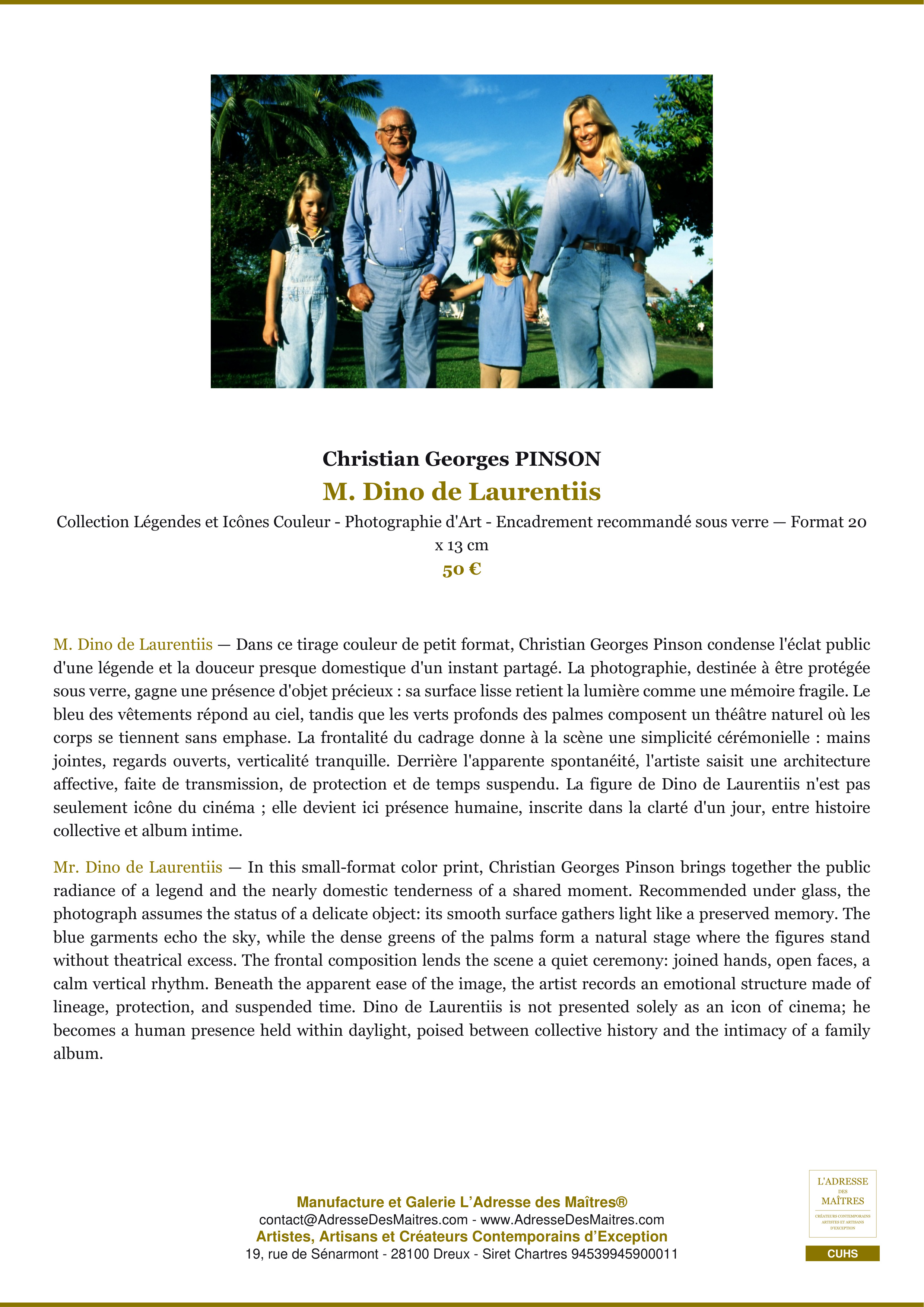 Fiche Premium — M. Dino de Laurentiis — Christian Georges PINSON — L'Adresse des Maîtres®
