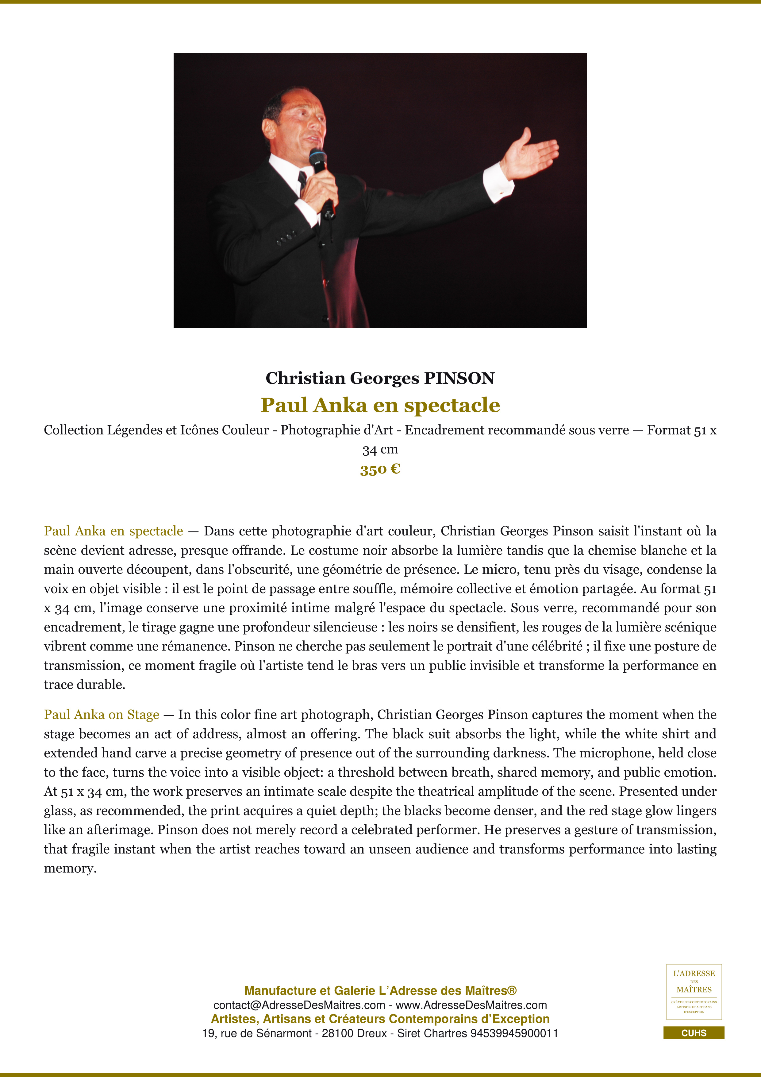 Fiche Premium — Paul Anka en spectacle — Christian Georges PINSON — L'Adresse des Maîtres®