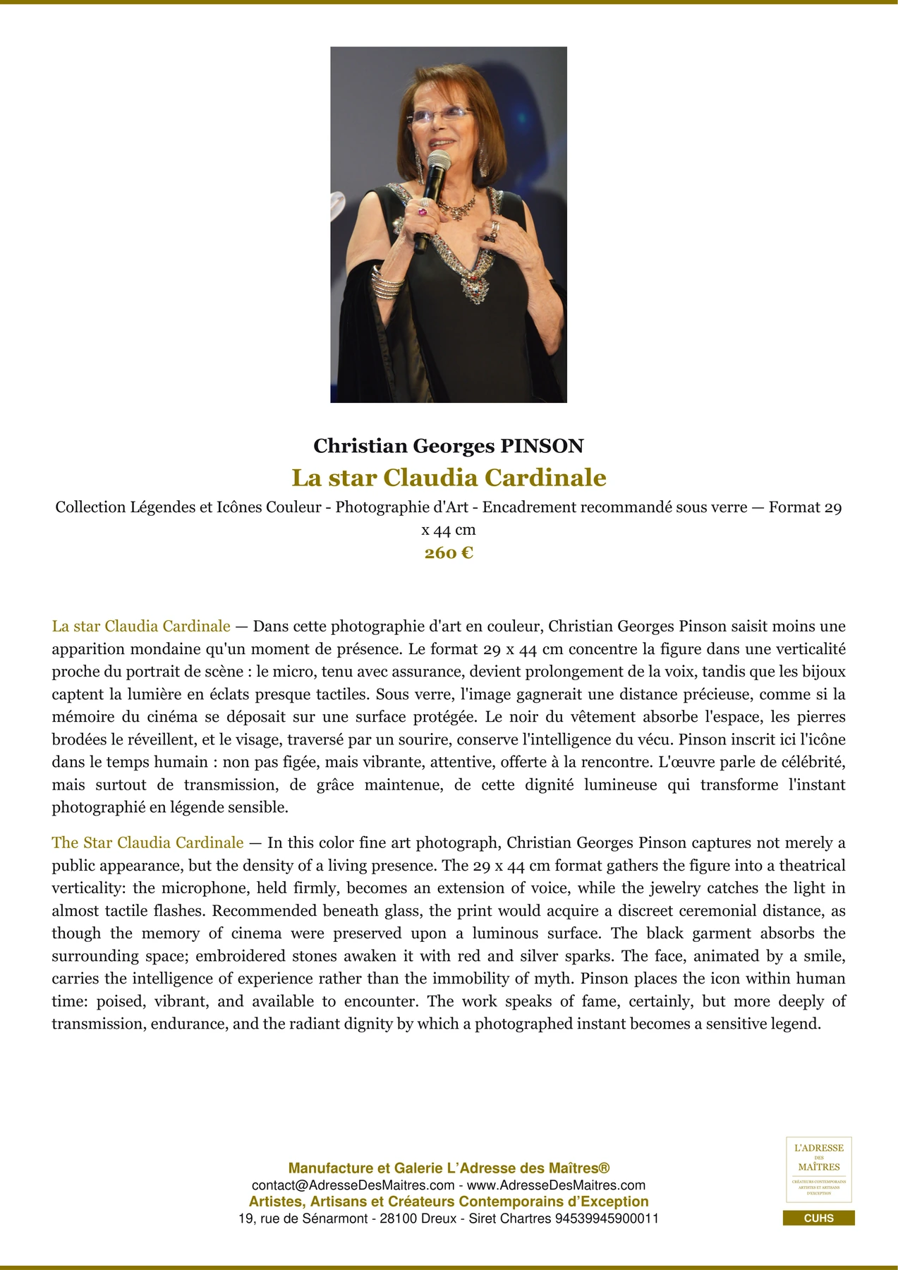 Fiche Premium - La star Claudia Cardinale - Christian Georges PINSON - L'Adresse des Maîtres®