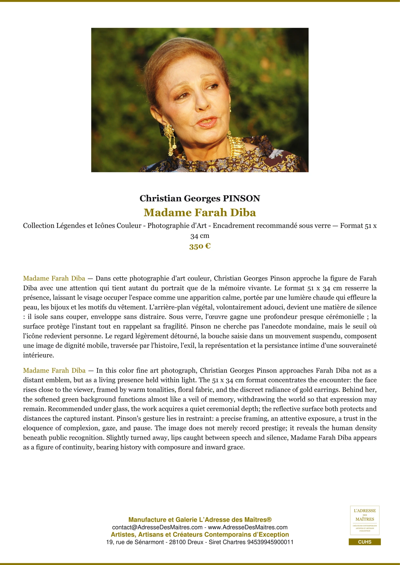 Fiche Premium - Madame Farah Diba - Christian Georges PINSON - L'Adresse des Maîtres®
