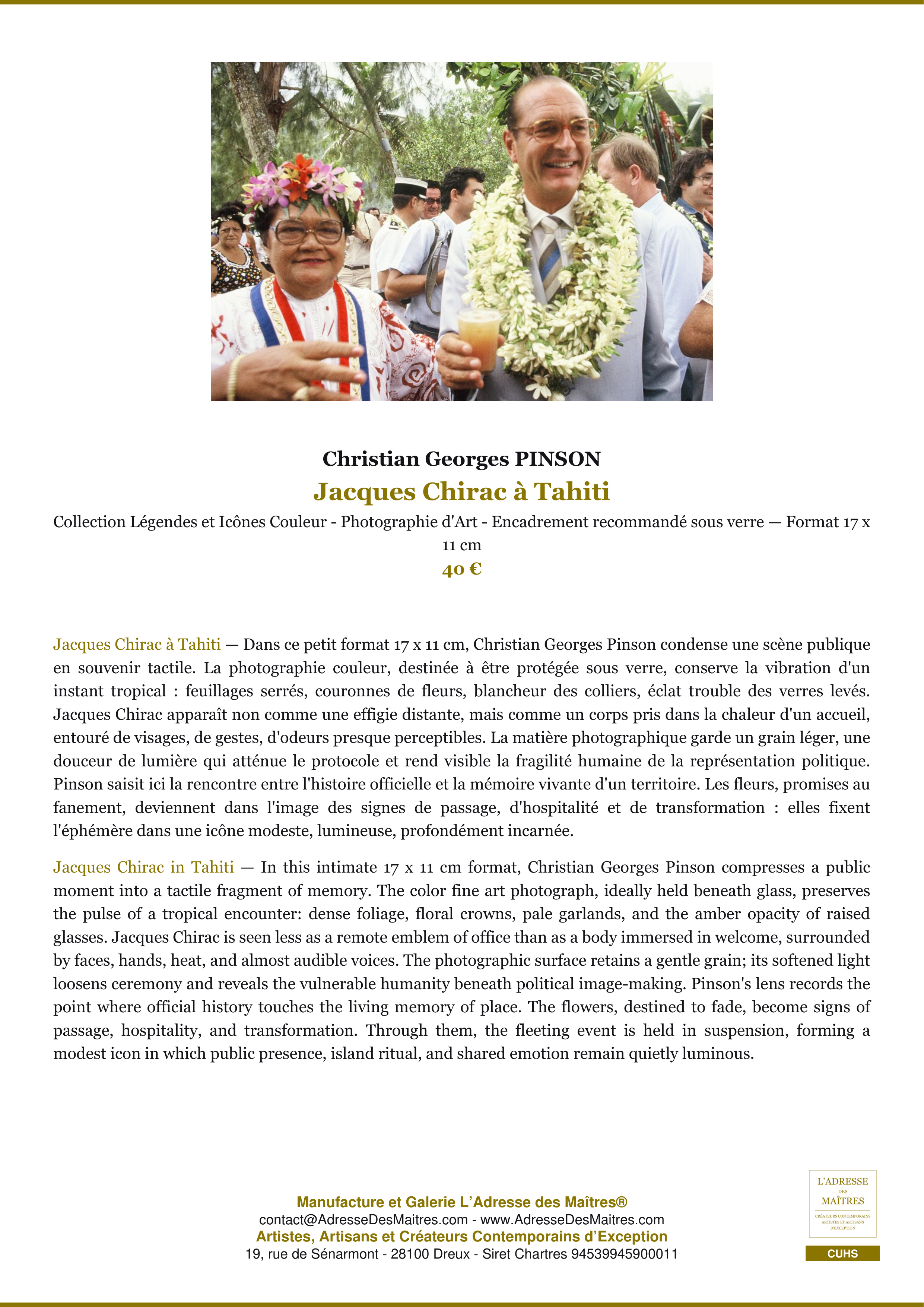 Fiche Premium — Jacques Chirac à Tahiti — Christian Georges PINSON — L'Adresse des Maîtres®