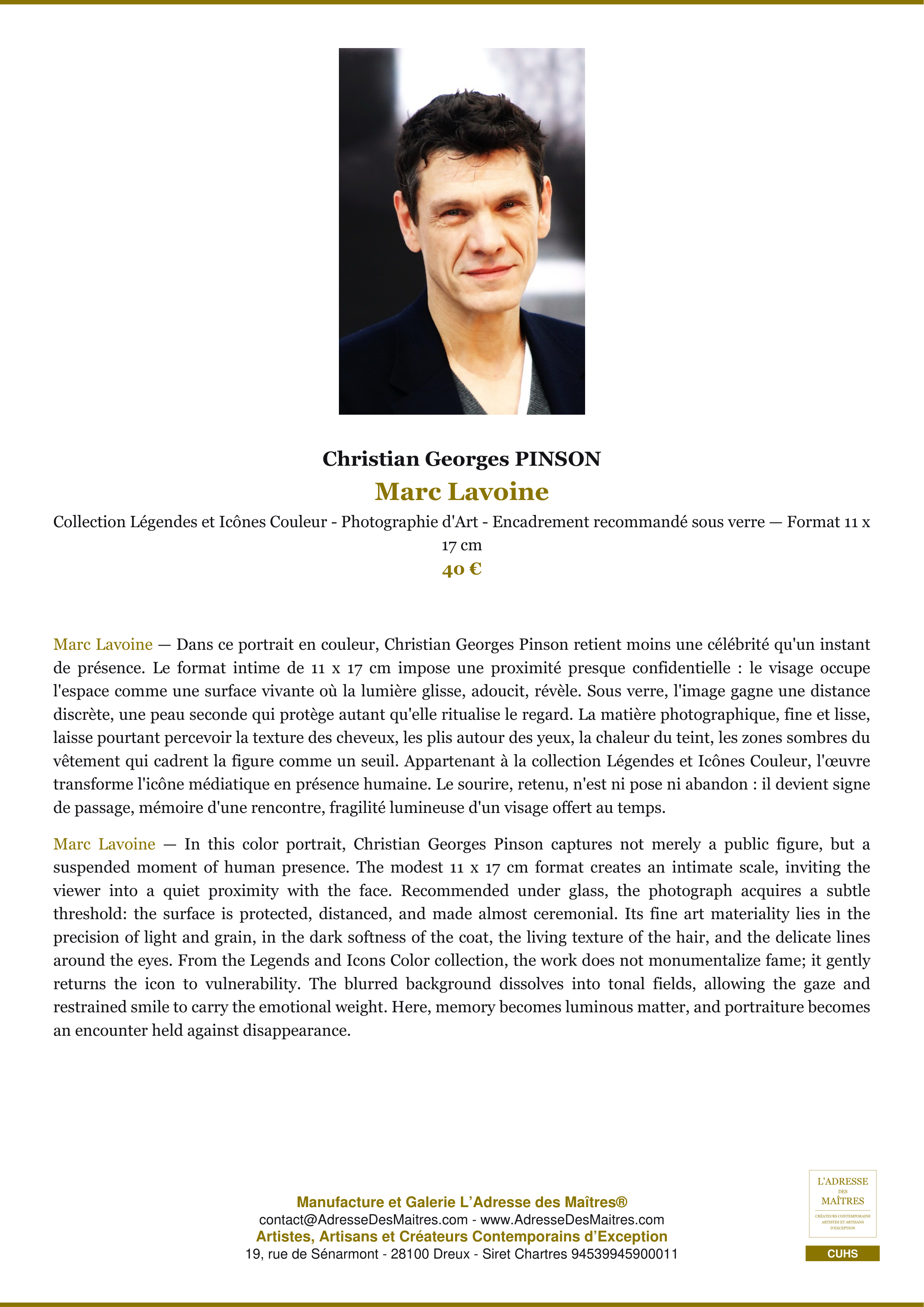 Fiche Premium — Marc Lavoine — Christian Georges PINSON — L'Adresse des Maîtres®