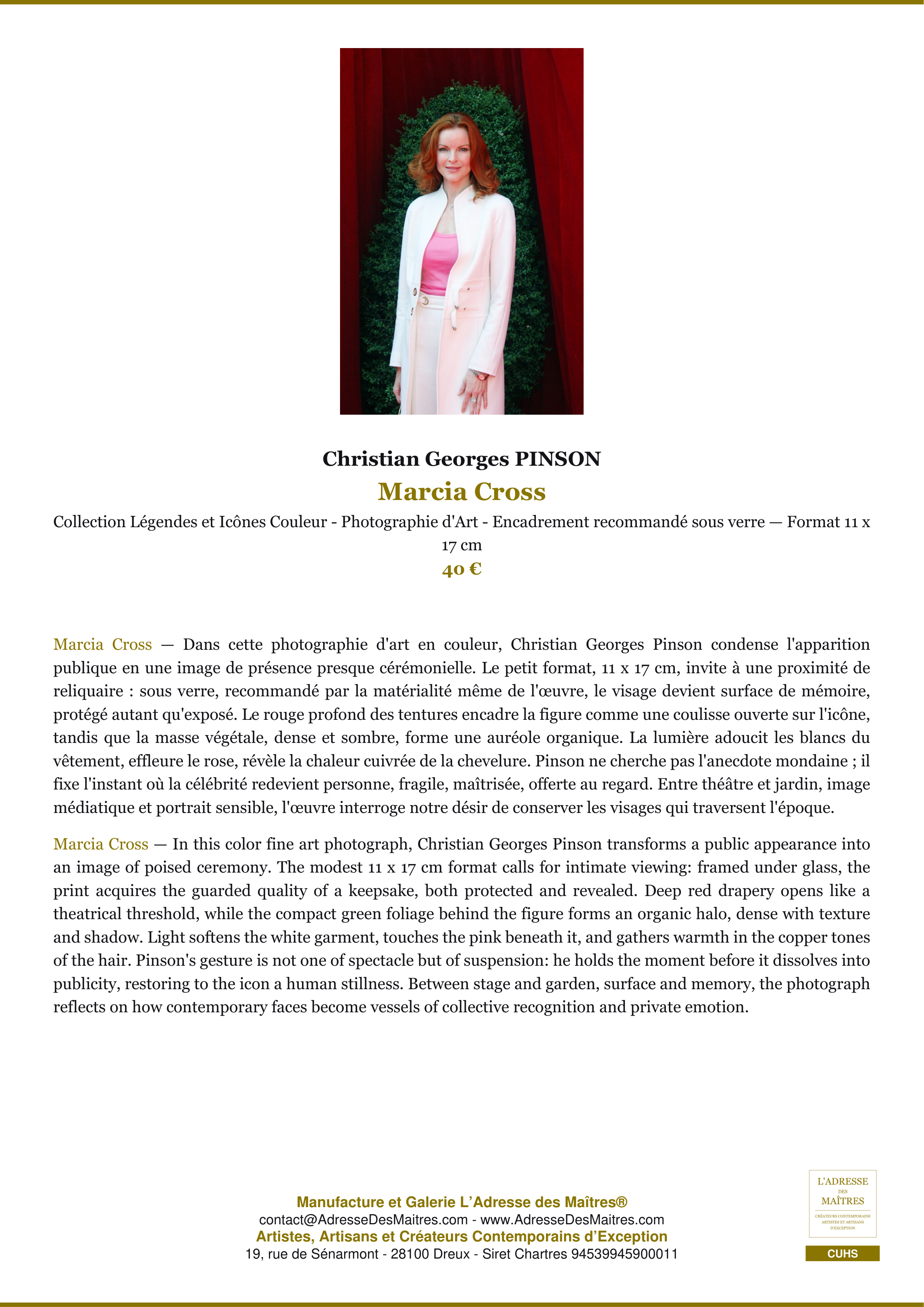 Fiche Premium — Marcia Cross — Christian Georges PINSON — L'Adresse des Maîtres®