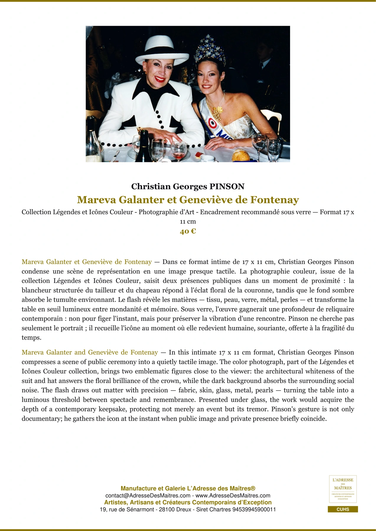 Fiche Premium - Mareva Galanter et Geneviève de Fontenay - Christian Georges PINSON - L'Adresse des Maîtres®