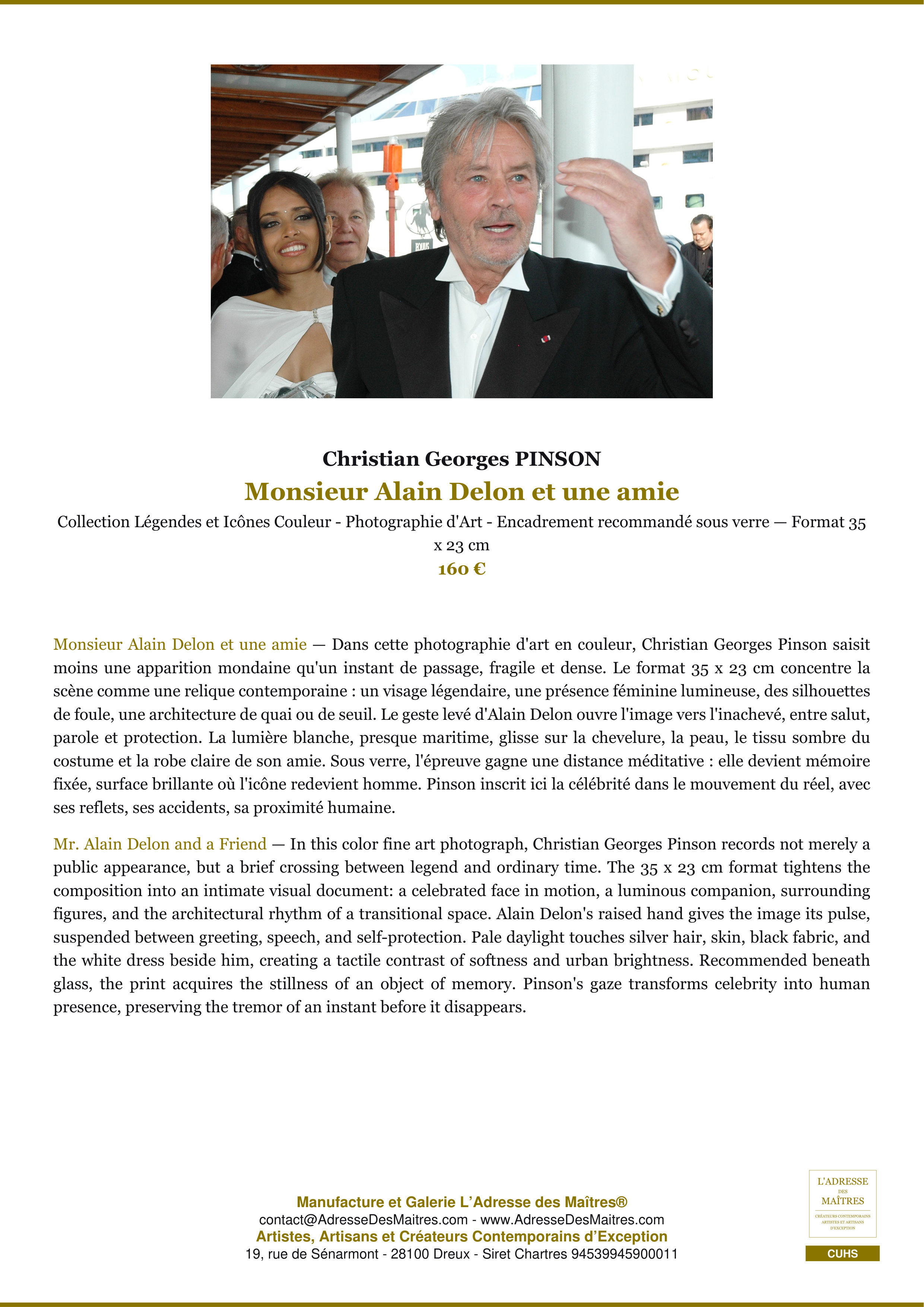 Fiche Premium — Monsieur Alain Delon et une amie — Christian Georges PINSON — L'Adresse des Maîtres®