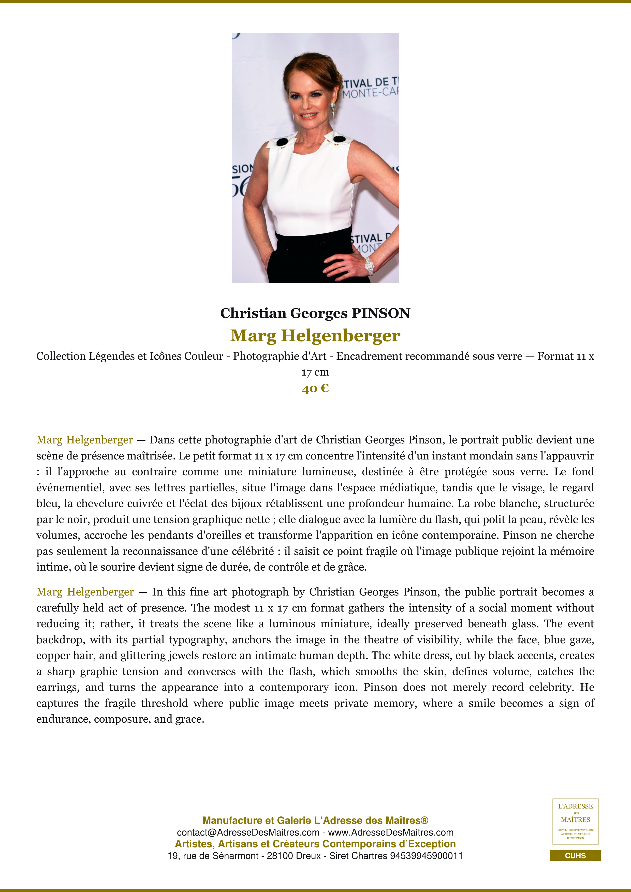 Fiche Premium — Marg Helgenberger — Christian Georges PINSON — L'Adresse des Maîtres®