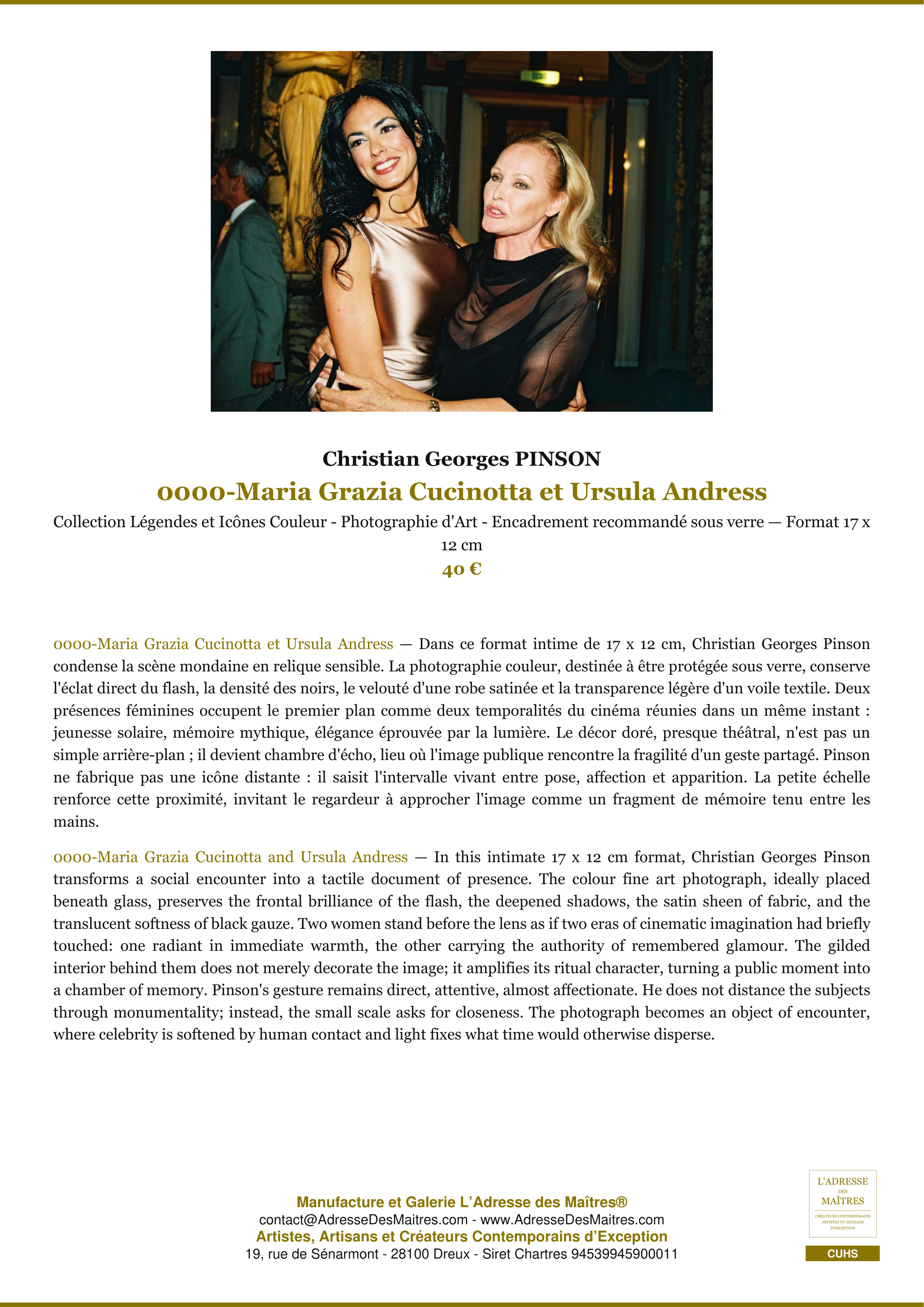 Fiche Premium — 0000-Maria Grazia Cucinotta et Ursula Andress — Christian Georges PINSON — L'Adresse des Maîtres®