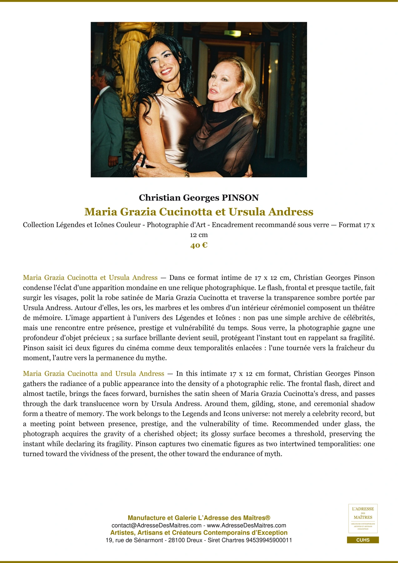 Fiche Premium - Maria Grazia Cucinotta et Ursula Andress - Christian Georges PINSON - L'Adresse des Maîtres®