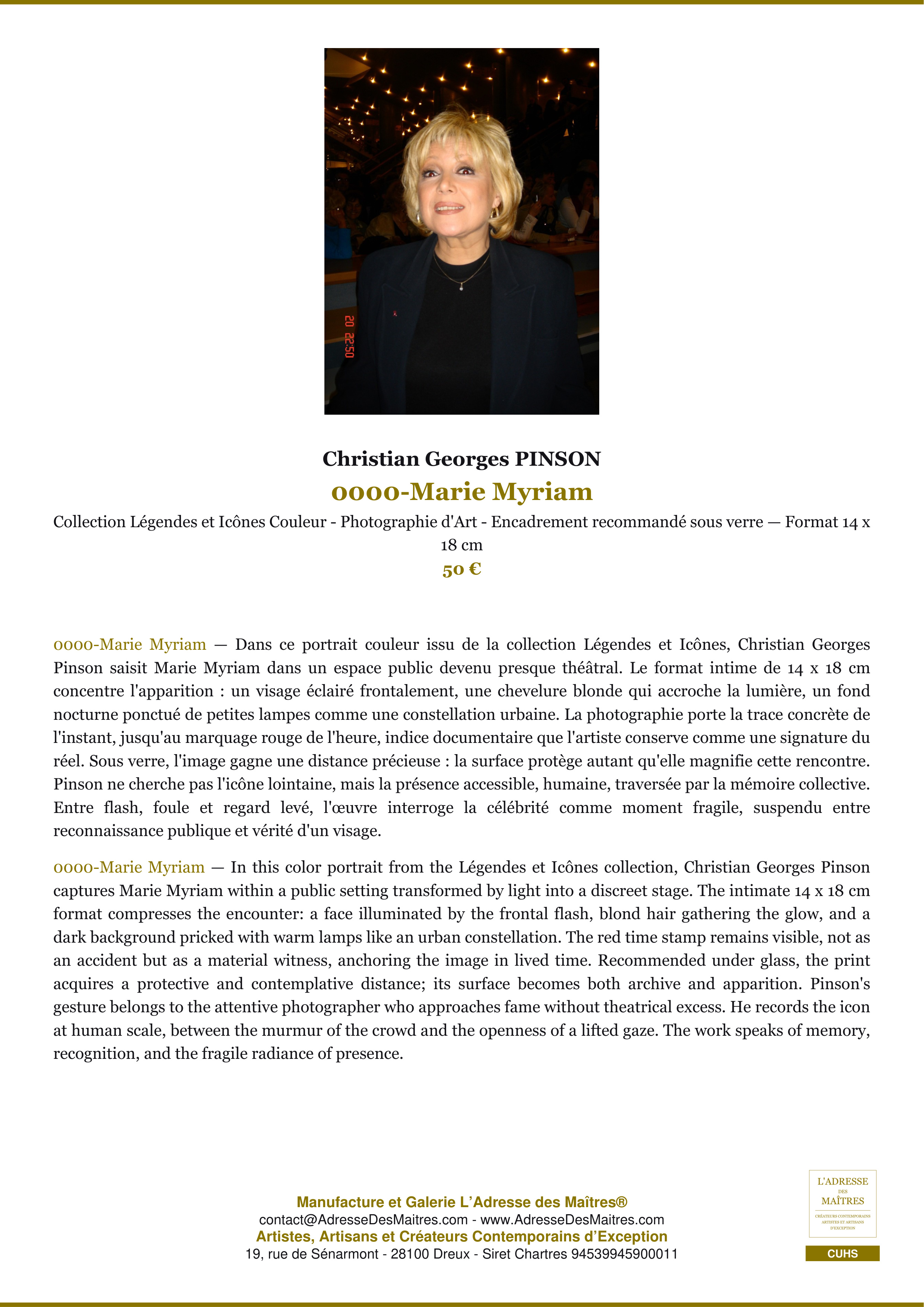 Fiche Premium — 0000-Marie Myriam — Christian Georges PINSON — L'Adresse des Maîtres®