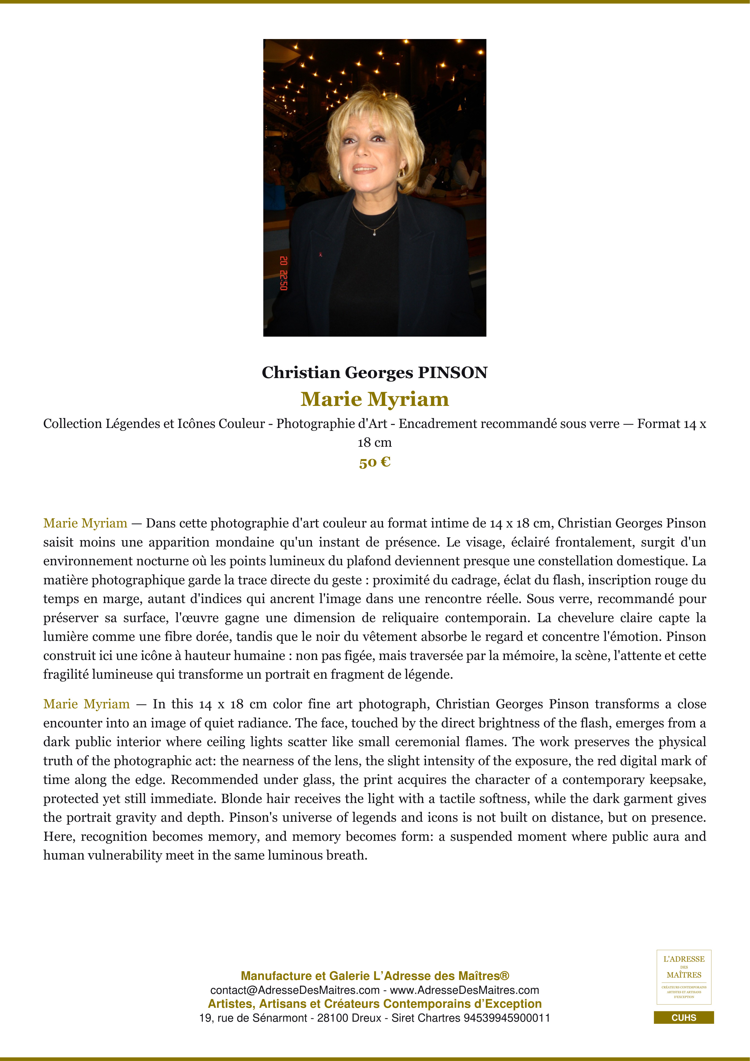 Fiche Premium — Marie Myriam — Christian Georges PINSON — L'Adresse des Maîtres®