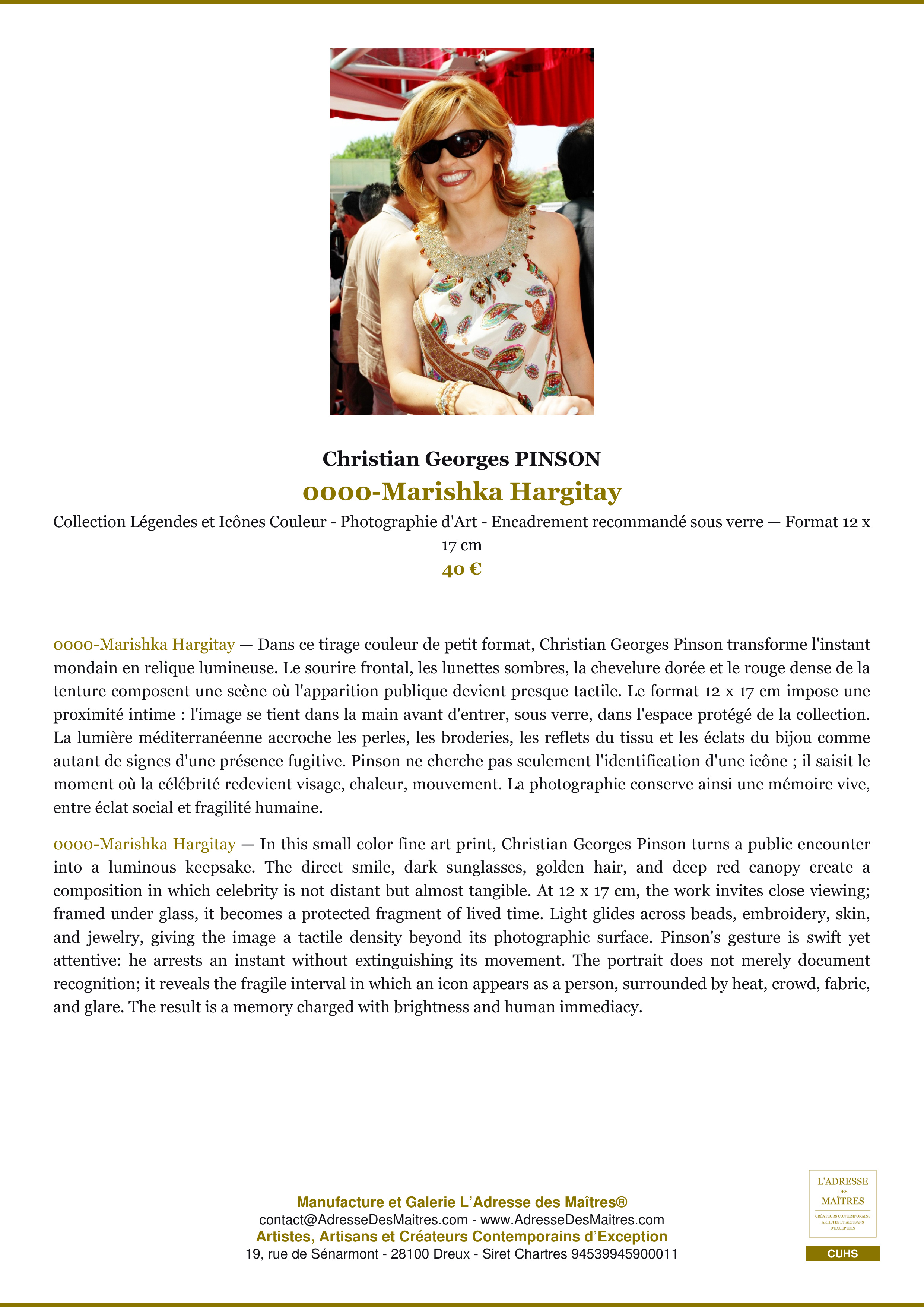 Fiche Premium — 0000-Marishka Hargitay — Christian Georges PINSON — L'Adresse des Maîtres®