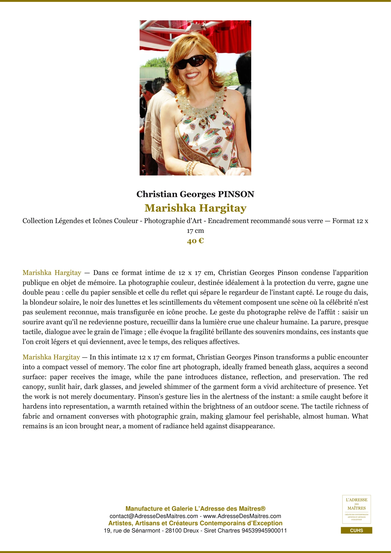 Fiche Premium - Marishka Hargitay - Christian Georges PINSON - L'Adresse des Maîtres®
