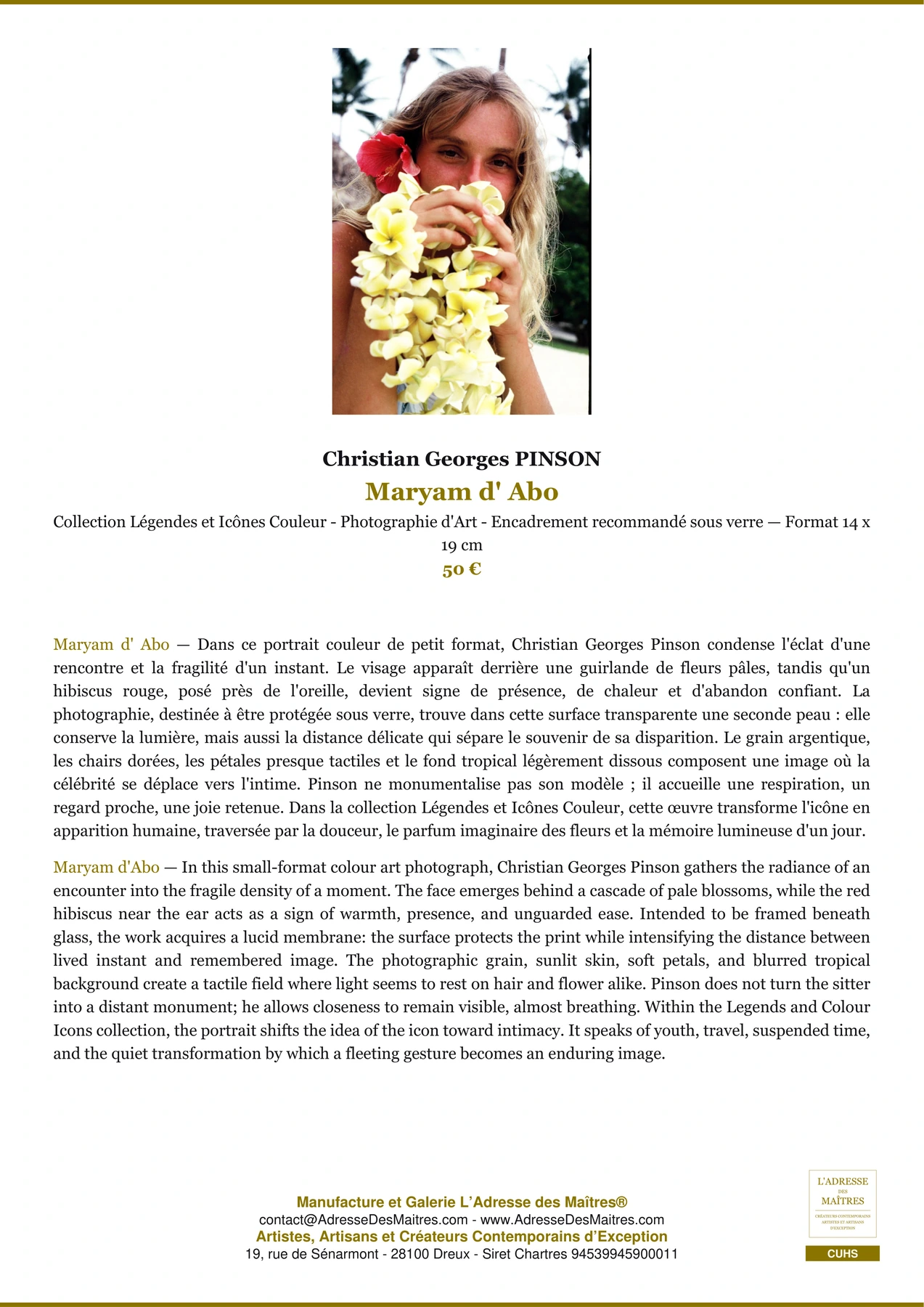 Fiche Premium - Maryam d' Abo - Christian Georges PINSON - L'Adresse des Maîtres®