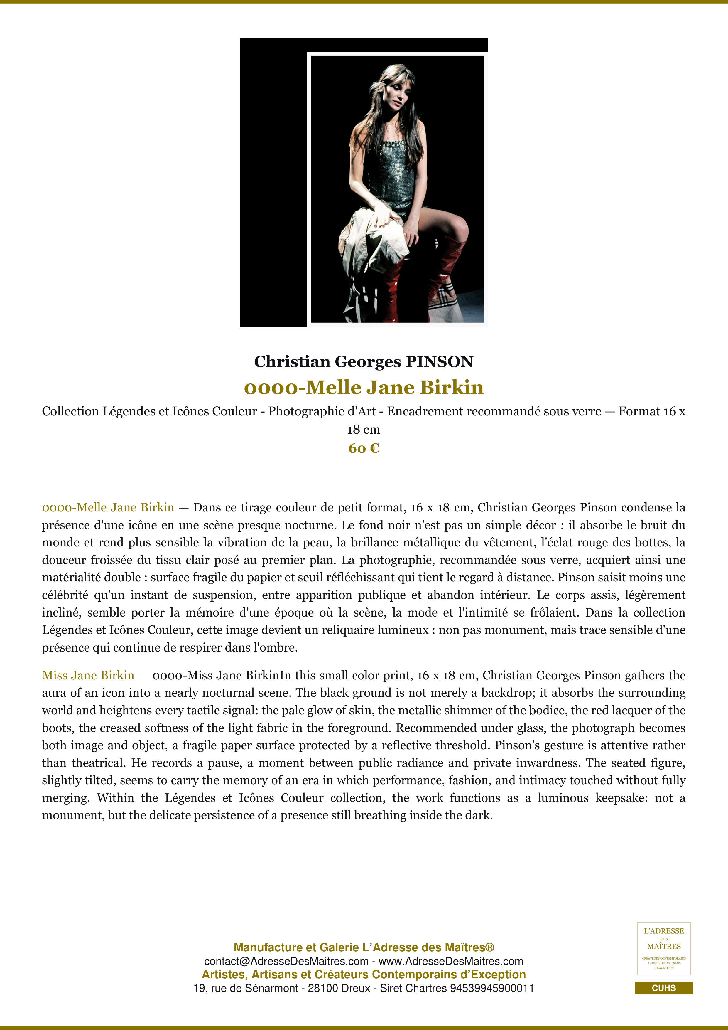 Fiche Premium — 0000-Melle Jane Birkin — Christian Georges PINSON — L'Adresse des Maîtres®
