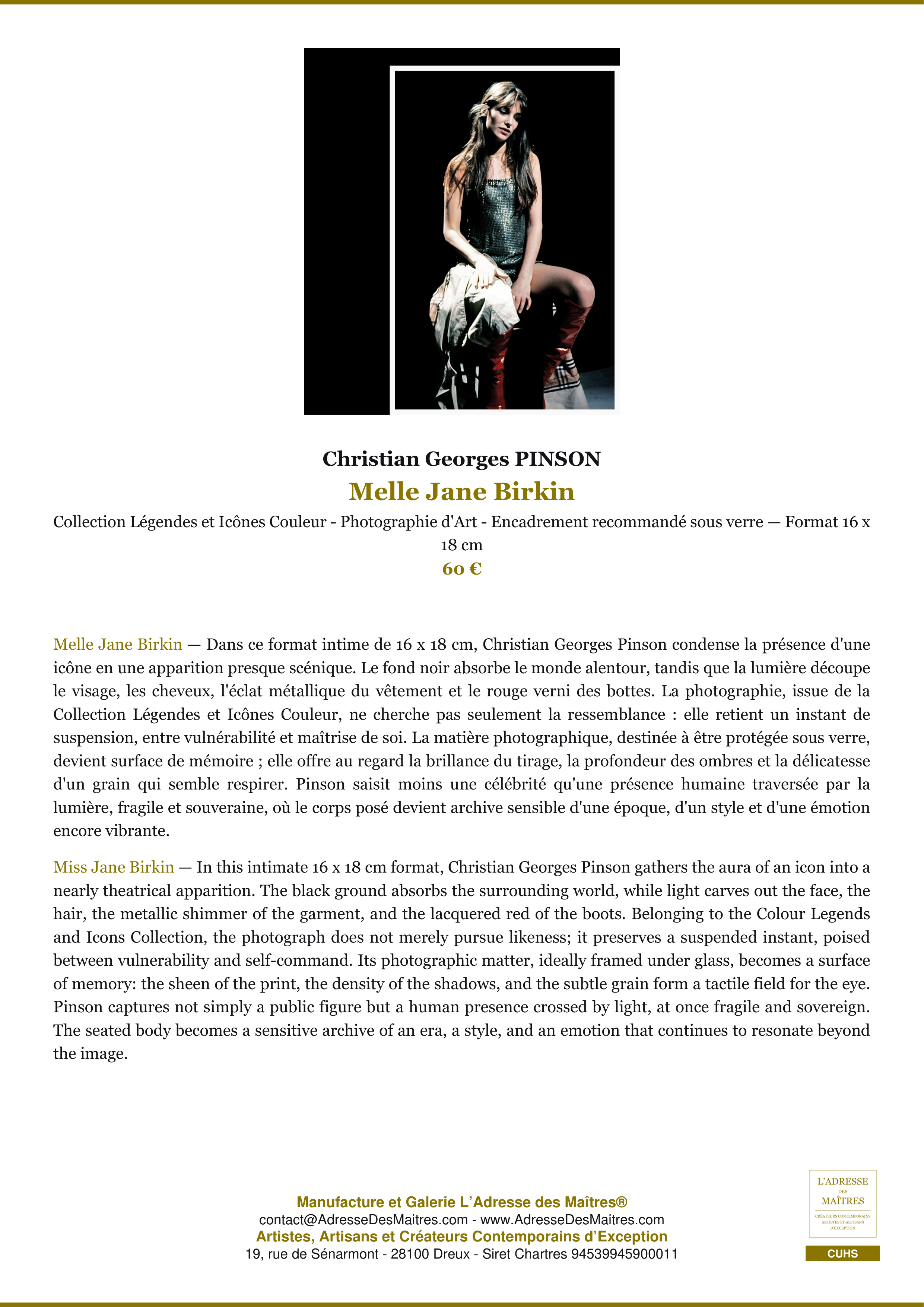 Fiche Premium — Melle Jane Birkin — Christian Georges PINSON — L'Adresse des Maîtres®