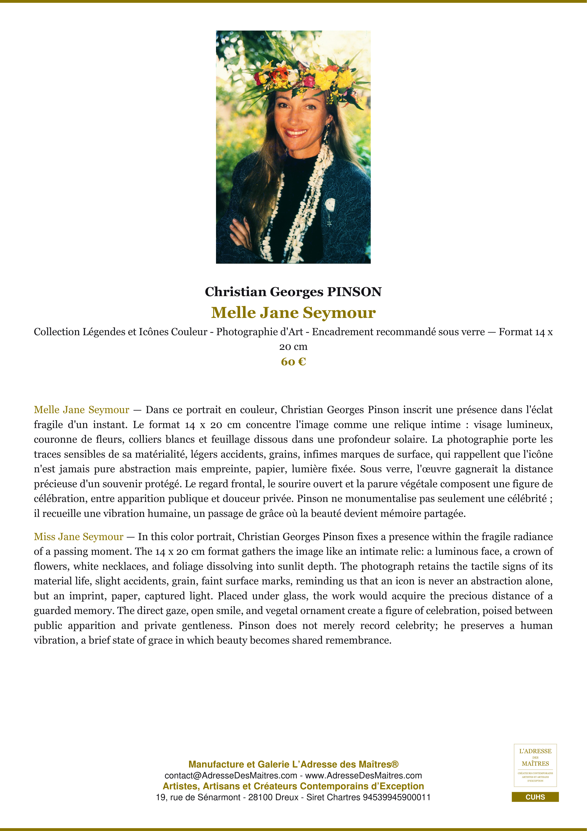 Fiche Premium — Melle Jane Seymour — Christian Georges PINSON — L'Adresse des Maîtres®