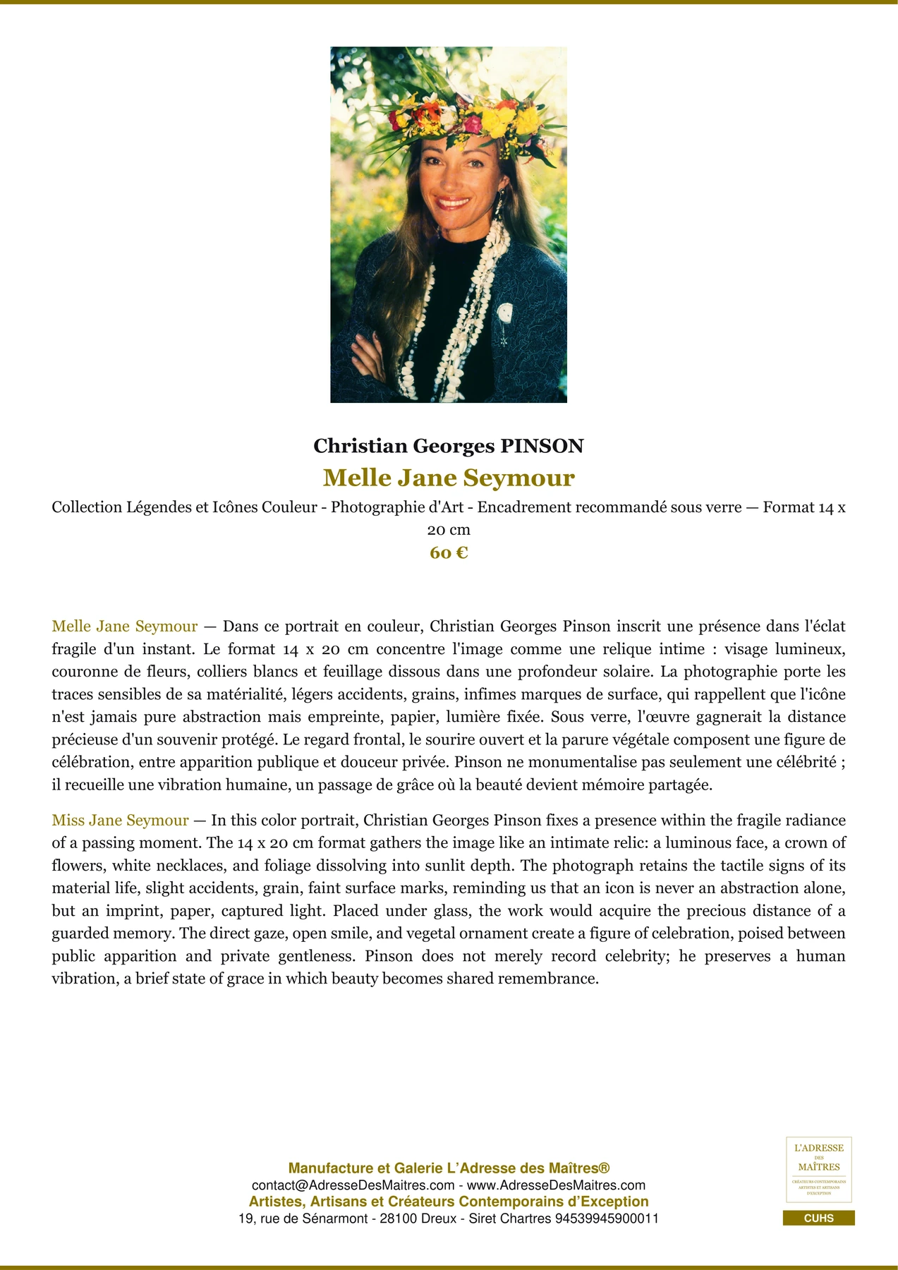 Fiche Premium - Melle Jane Seymour - Christian Georges PINSON - L'Adresse des Maîtres®