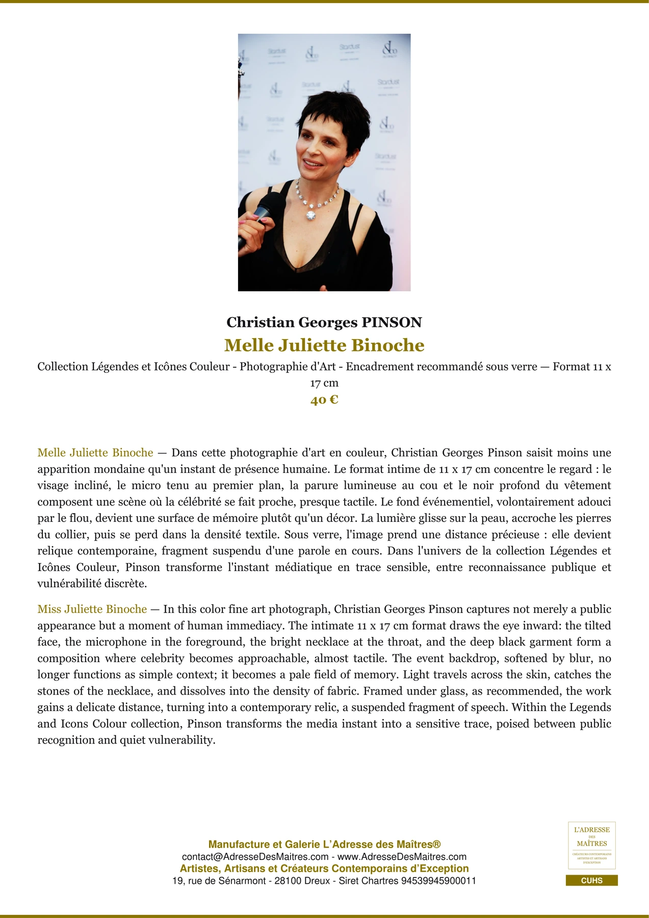 Fiche Premium - Melle Juliette Binoche - Christian Georges PINSON - L'Adresse des Maîtres®