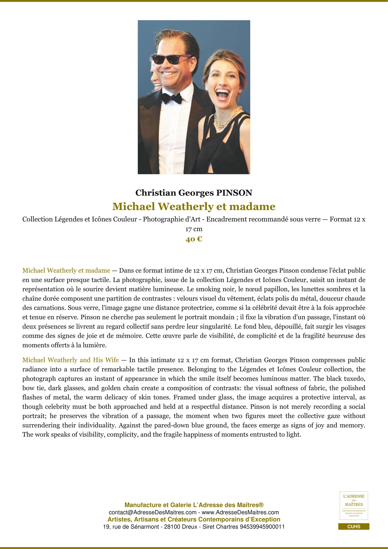 Fiche Premium - Michael Weatherly et madame - Christian Georges PINSON - L'Adresse des Maîtres®