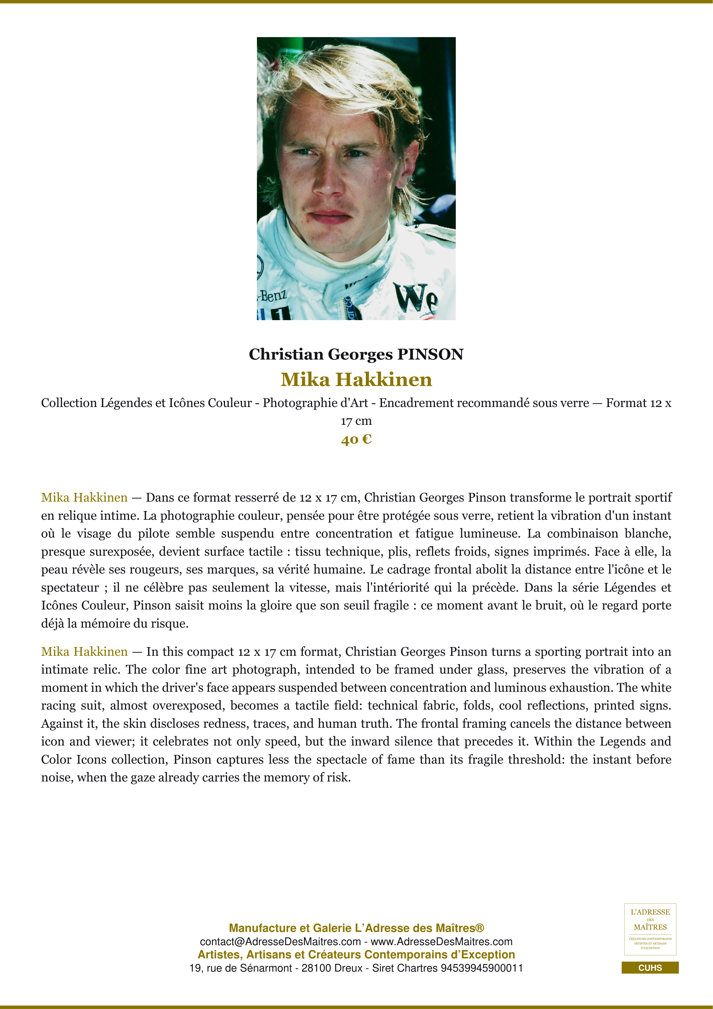 Fiche Premium — Mika Hakkinen — Christian Georges PINSON — L'Adresse des Maîtres®