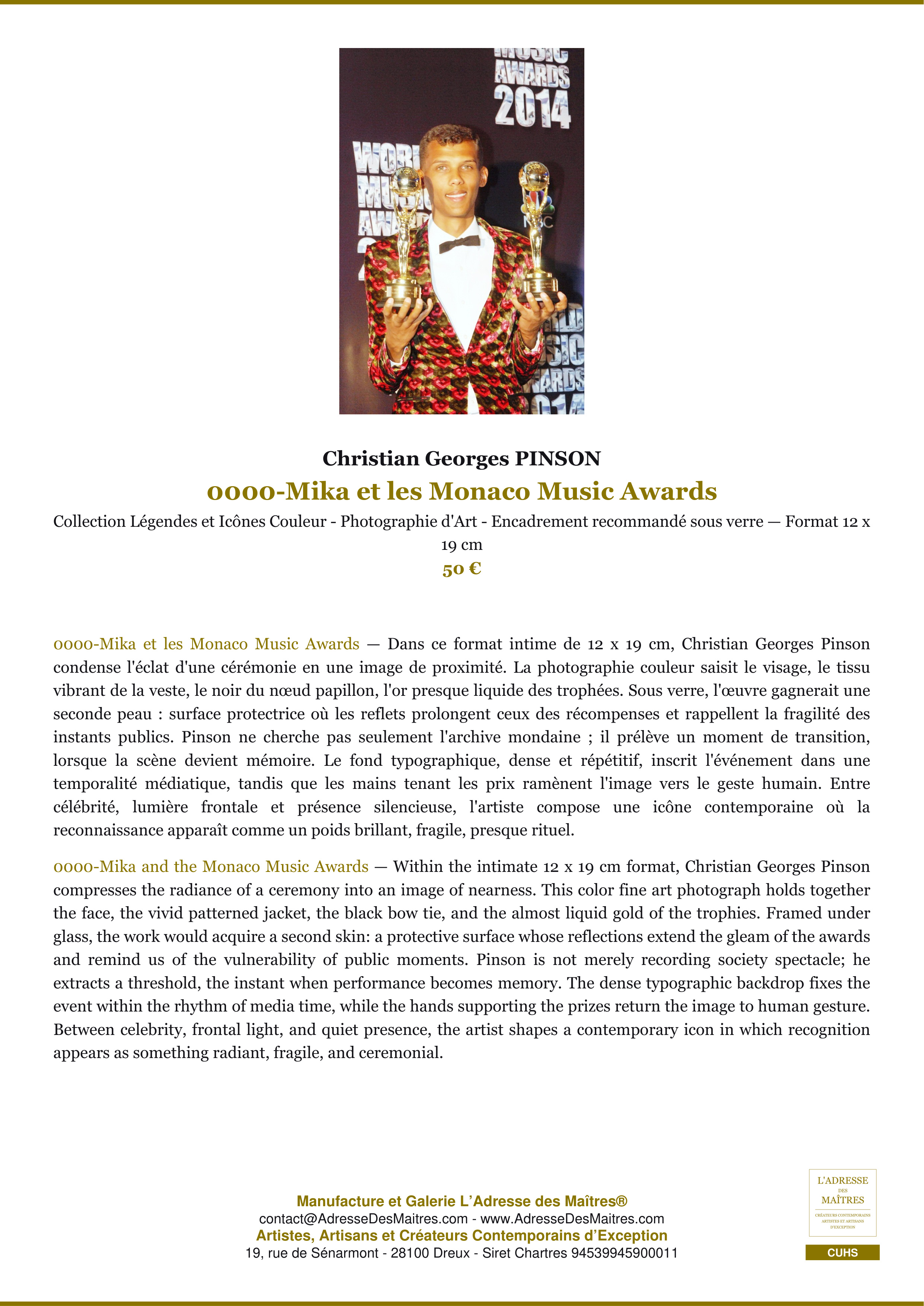Fiche Premium — 0000-Mika et les Monaco Music Awards — Christian Georges PINSON — L'Adresse des Maîtres®