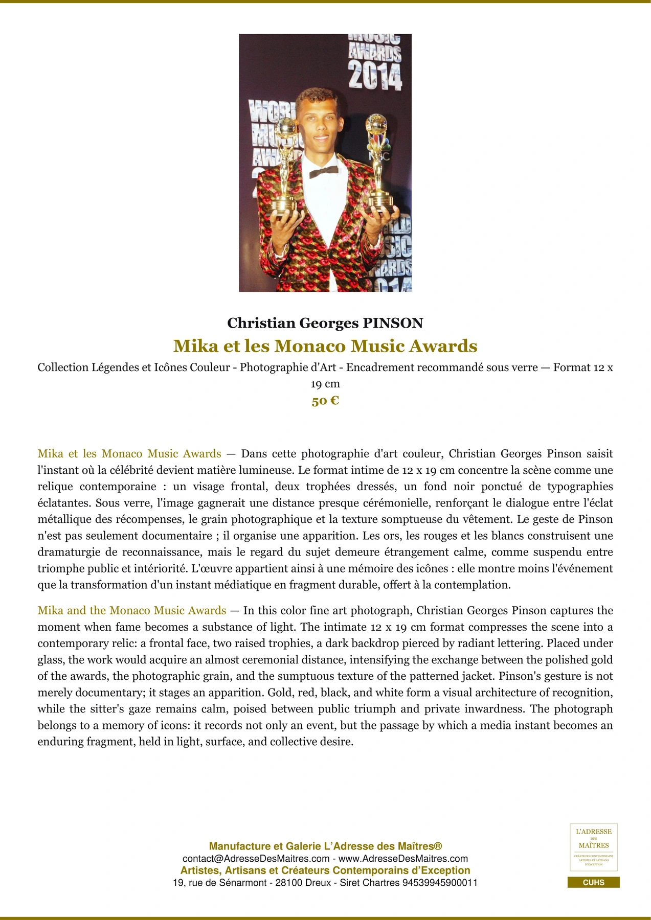 Fiche Premium - Mika et les Monaco Music Awards - Christian Georges PINSON - L'Adresse des Maîtres®