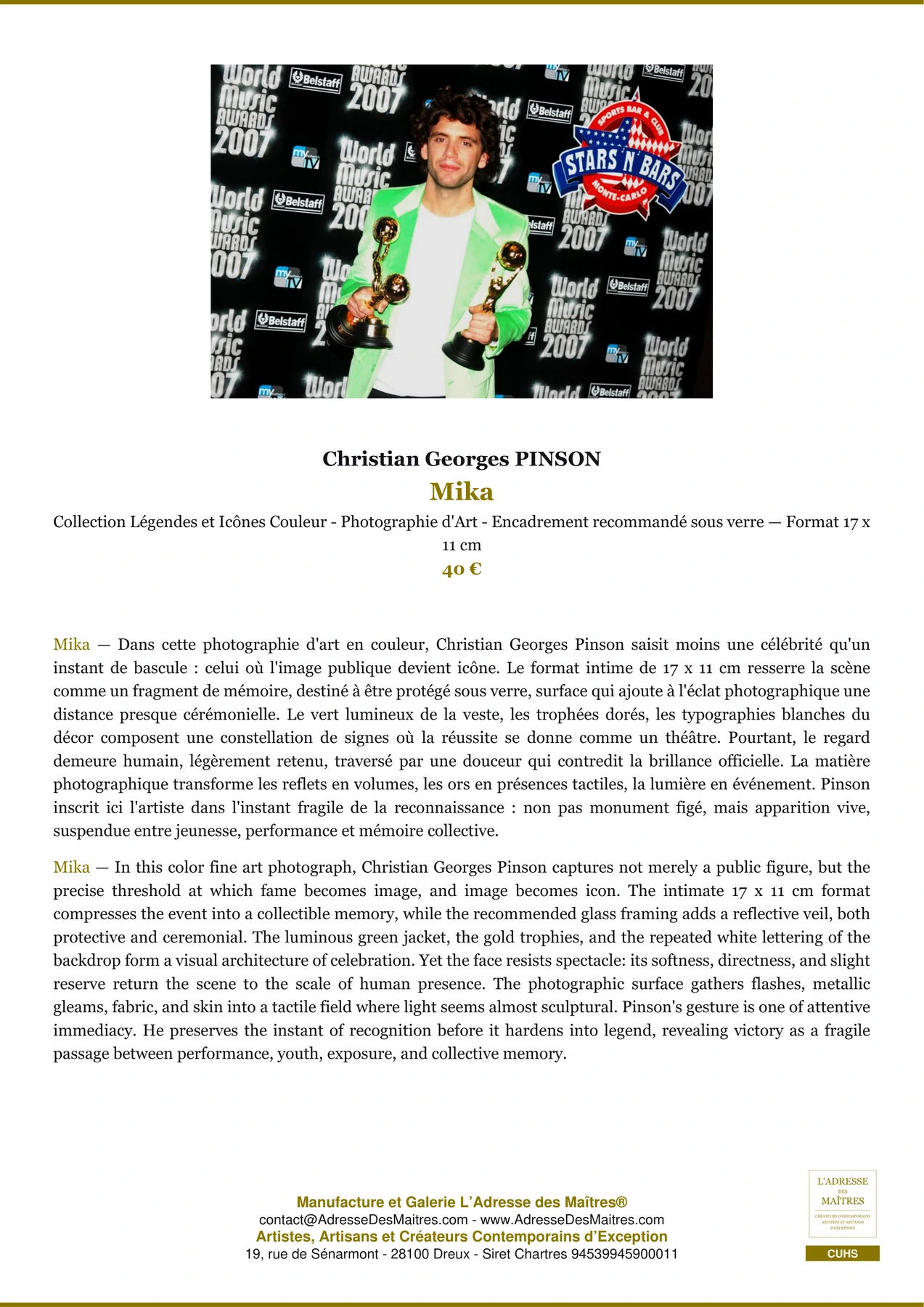 Fiche Premium - Mika - Christian Georges PINSON - L'Adresse des Maîtres®
