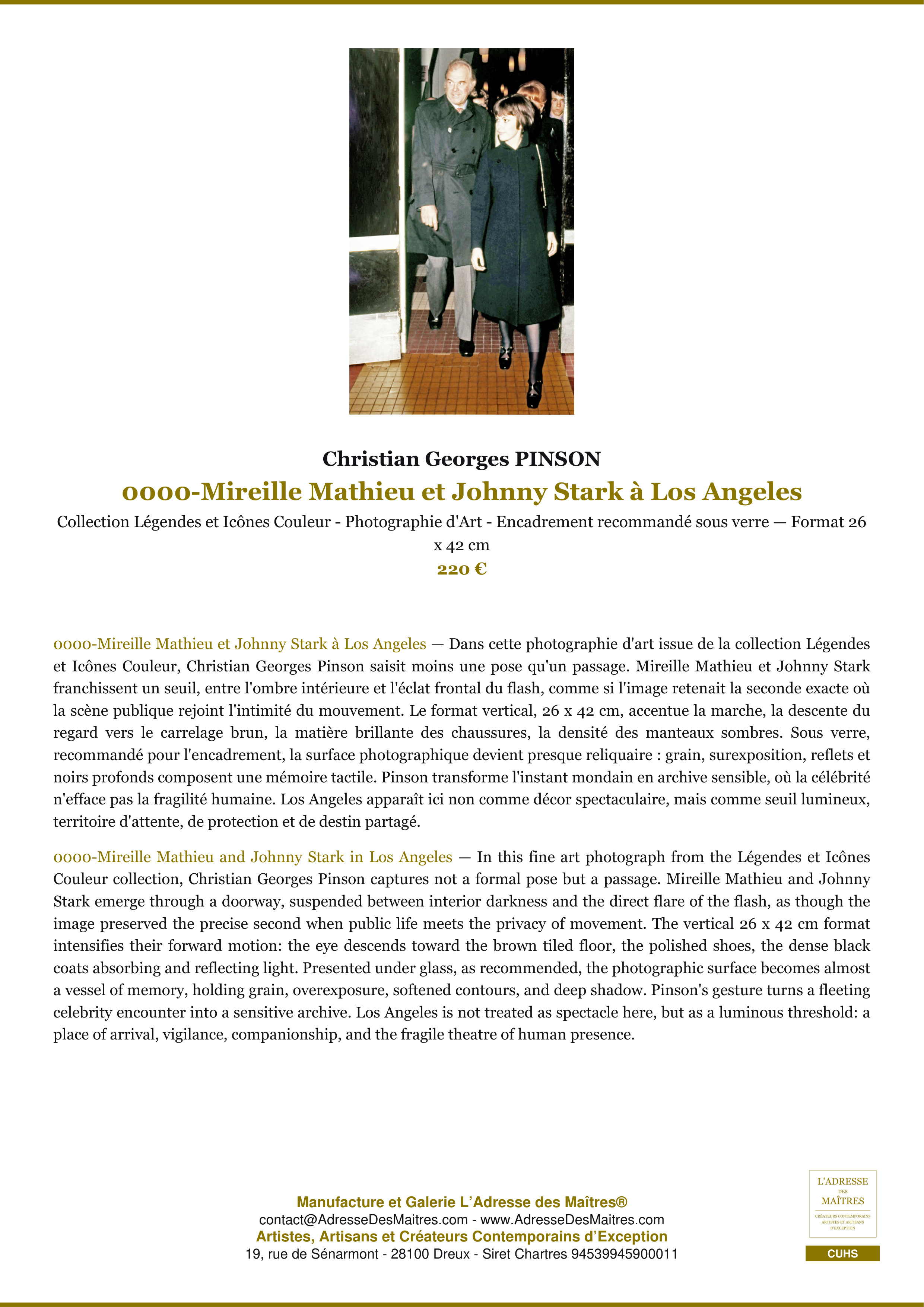 Fiche Premium — 0000-Mireille Mathieu et Johnny Stark à Los Angeles — Christian Georges PINSON — L'Adresse des Maîtres®