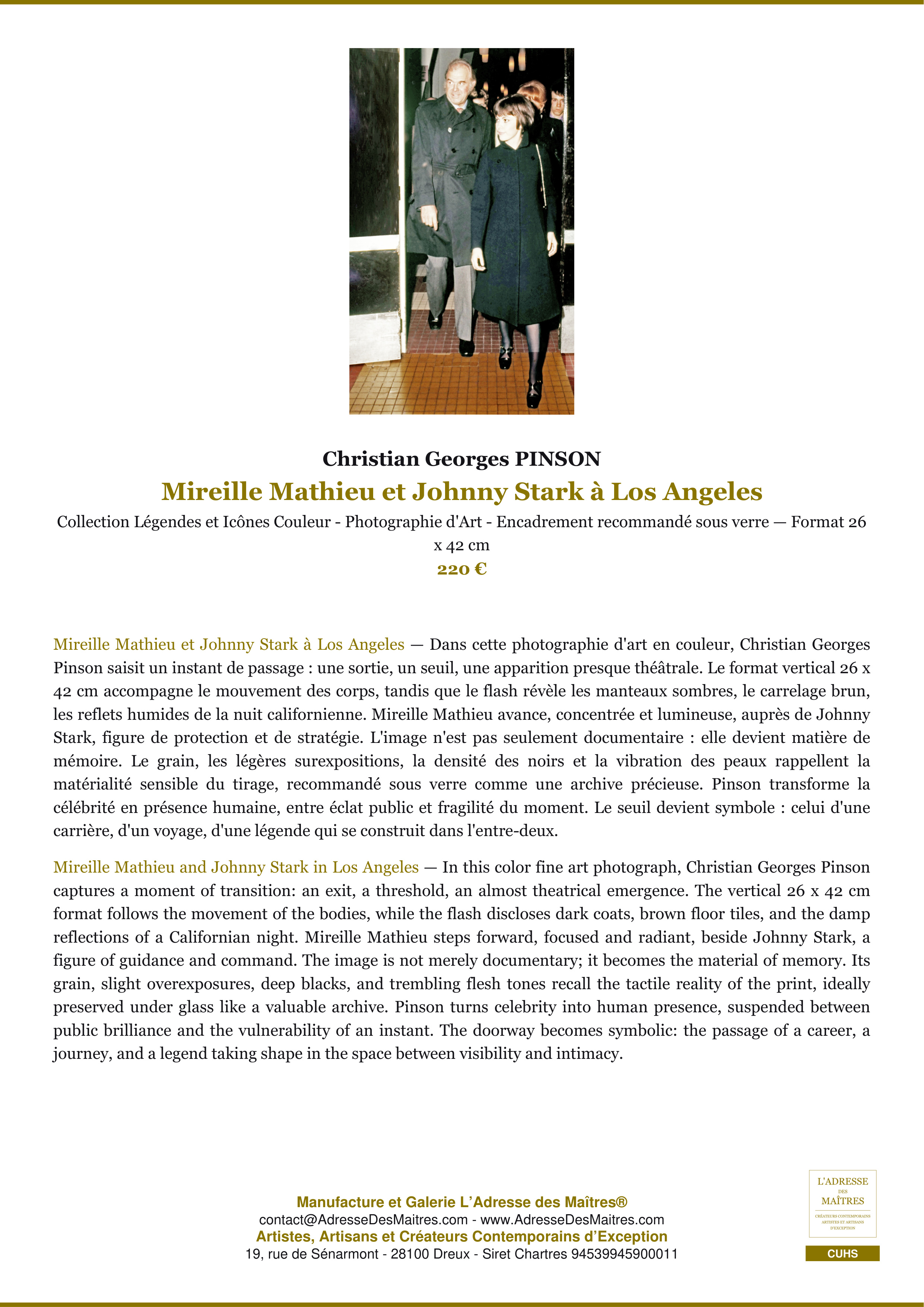 Fiche Premium — Mireille Mathieu et Johnny Stark à Los Angeles — Christian Georges PINSON — L'Adresse des Maîtres®