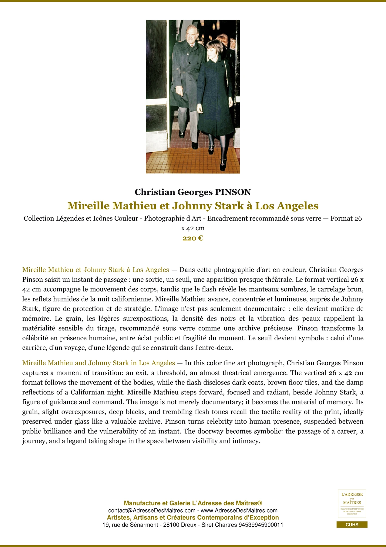 Fiche Premium - Mireille Mathieu et Johnny Stark à Los Angeles - Christian Georges PINSON - L'Adresse des Maîtres®