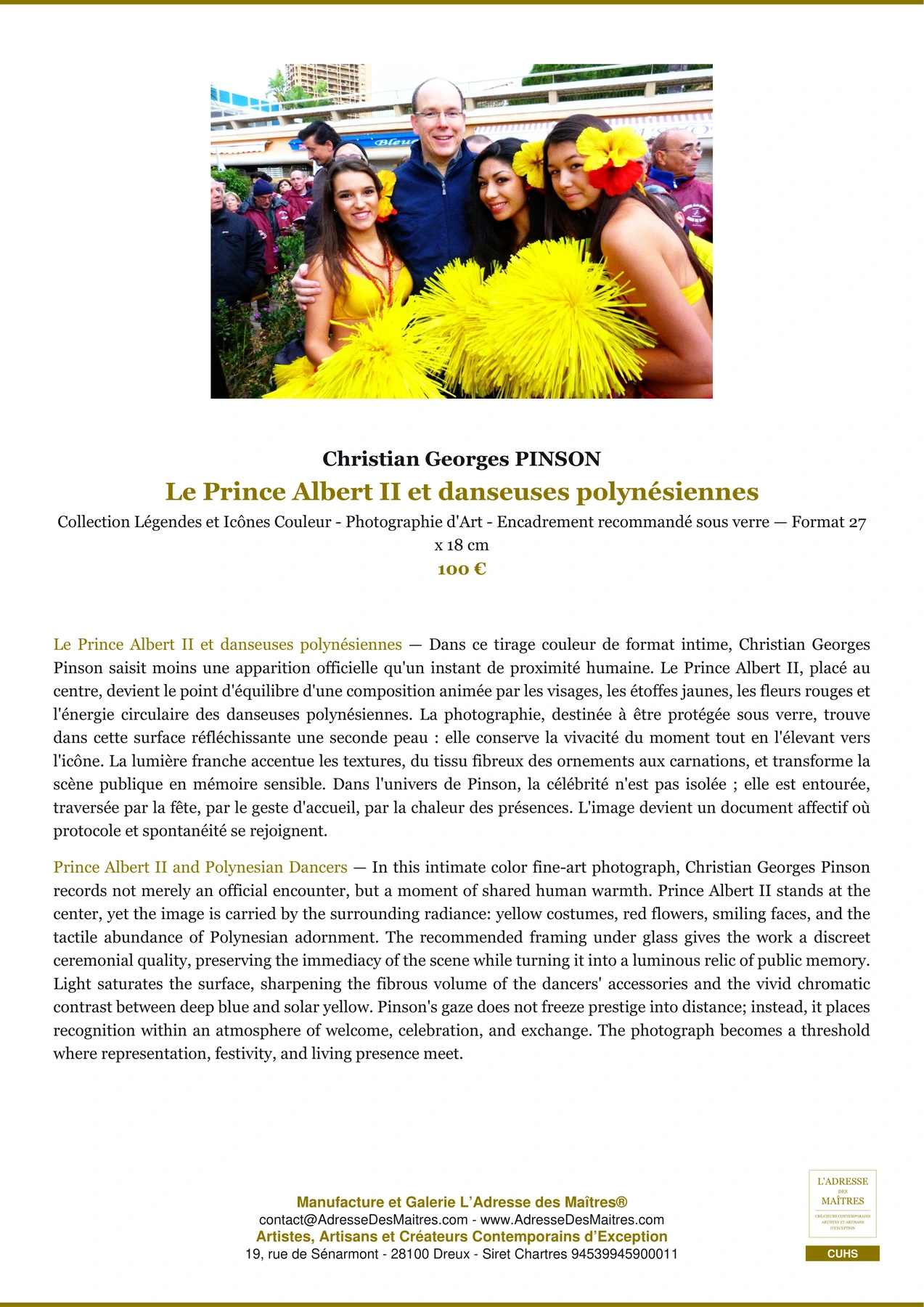 Fiche Premium - Le Prince Albert II et danseuses polynésiennes - Christian Georges PINSON - L'Adresse des Maîtres®
