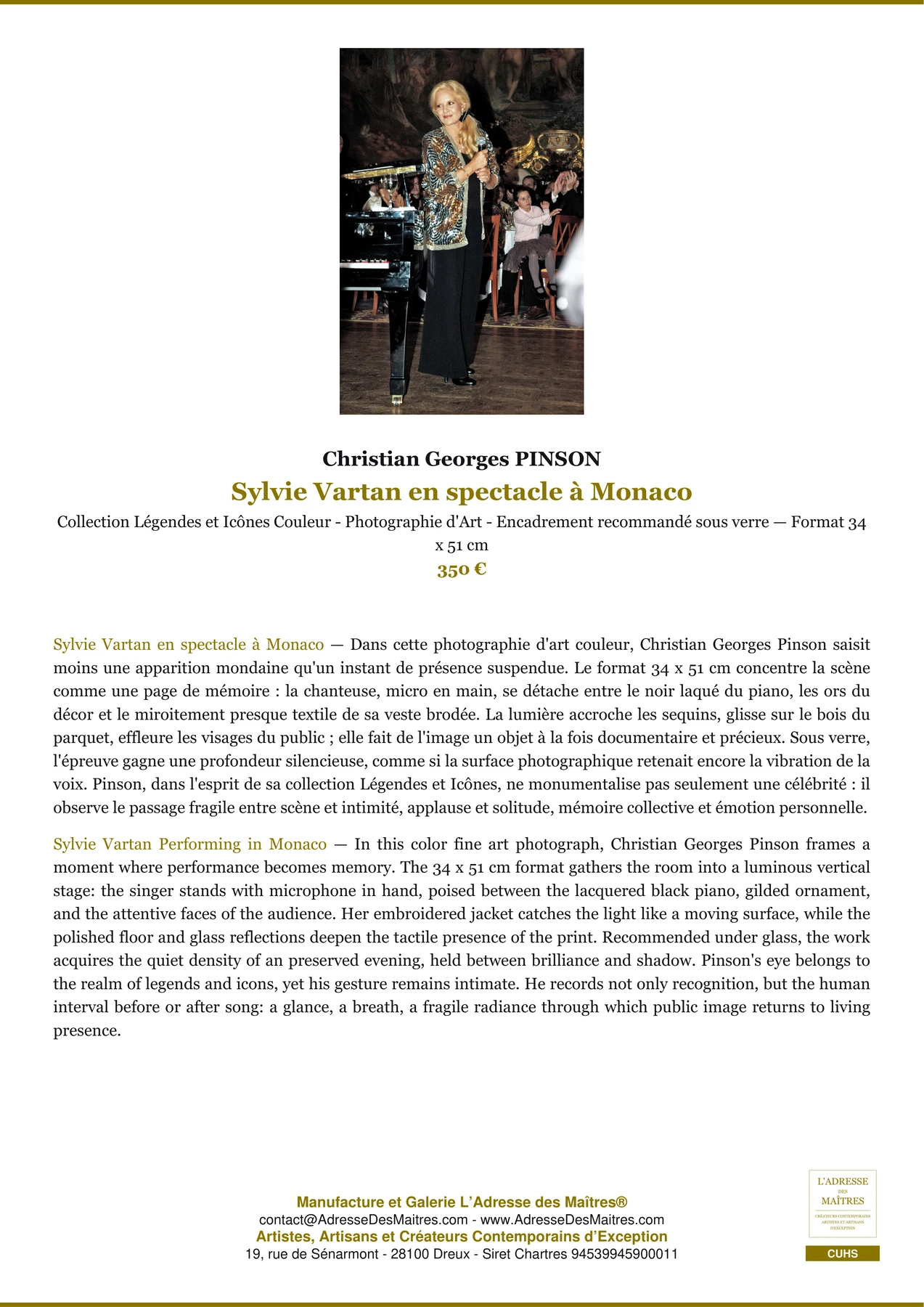 Fiche Premium - Sylvie Vartan en spectacle à Monaco - Christian Georges PINSON - L'Adresse des Maîtres®