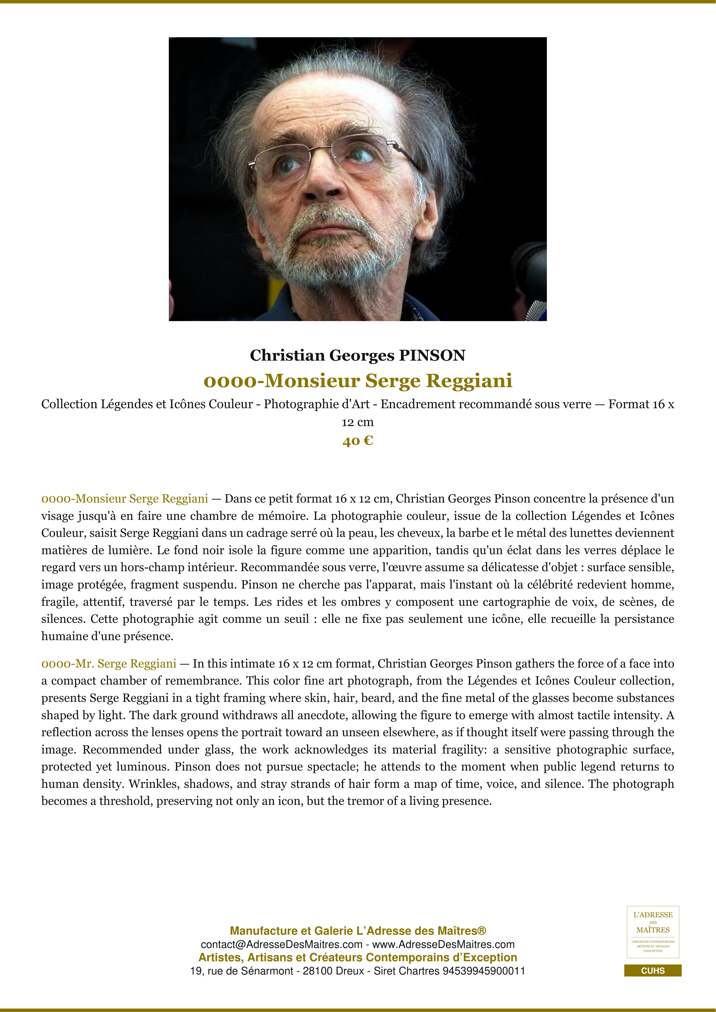 Fiche Premium — 0000-Monsieur Serge Reggiani — Christian Georges PINSON — L'Adresse des Maîtres®