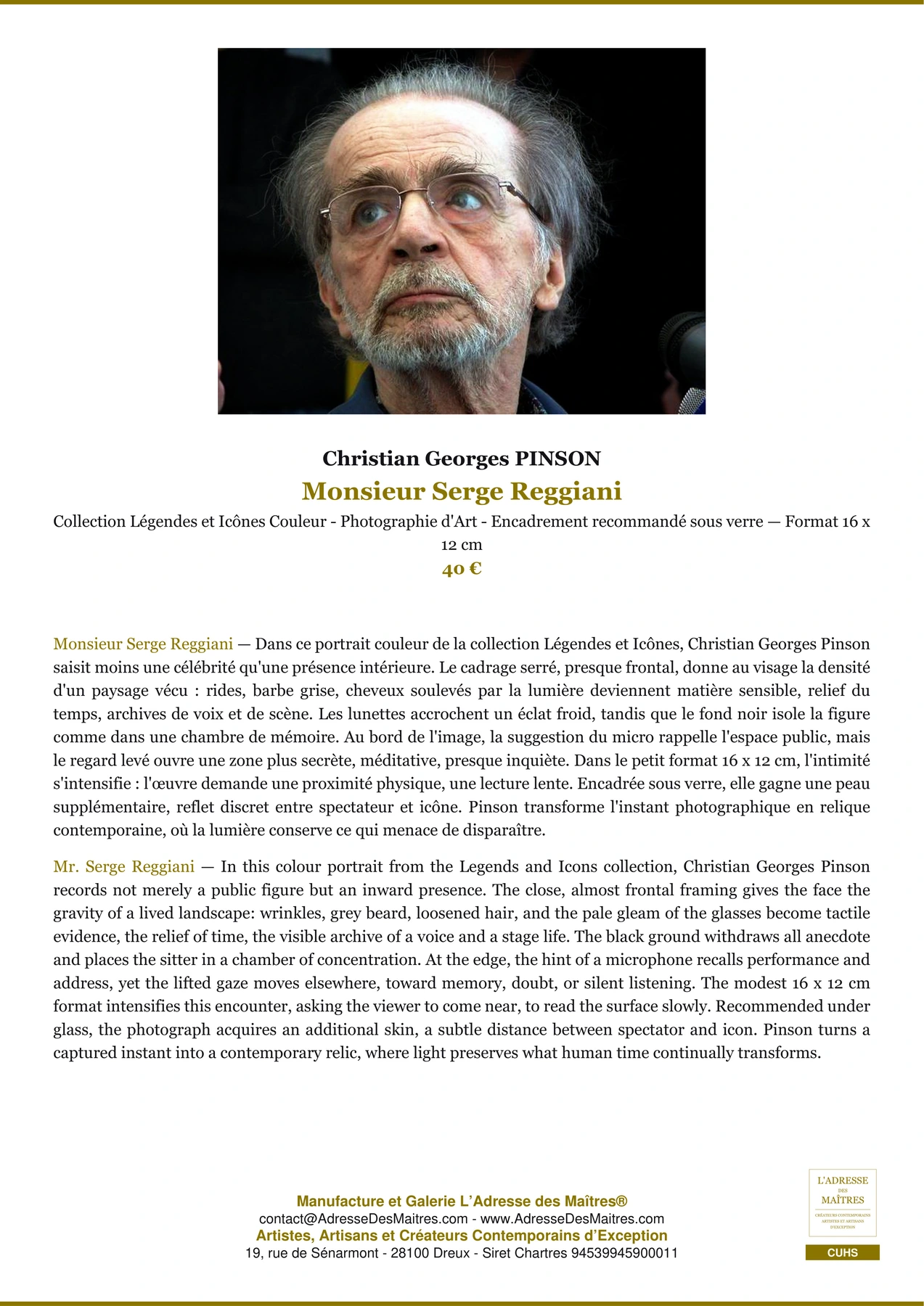 Fiche Premium - Monsieur Serge Reggiani - Christian Georges PINSON - L'Adresse des Maîtres®