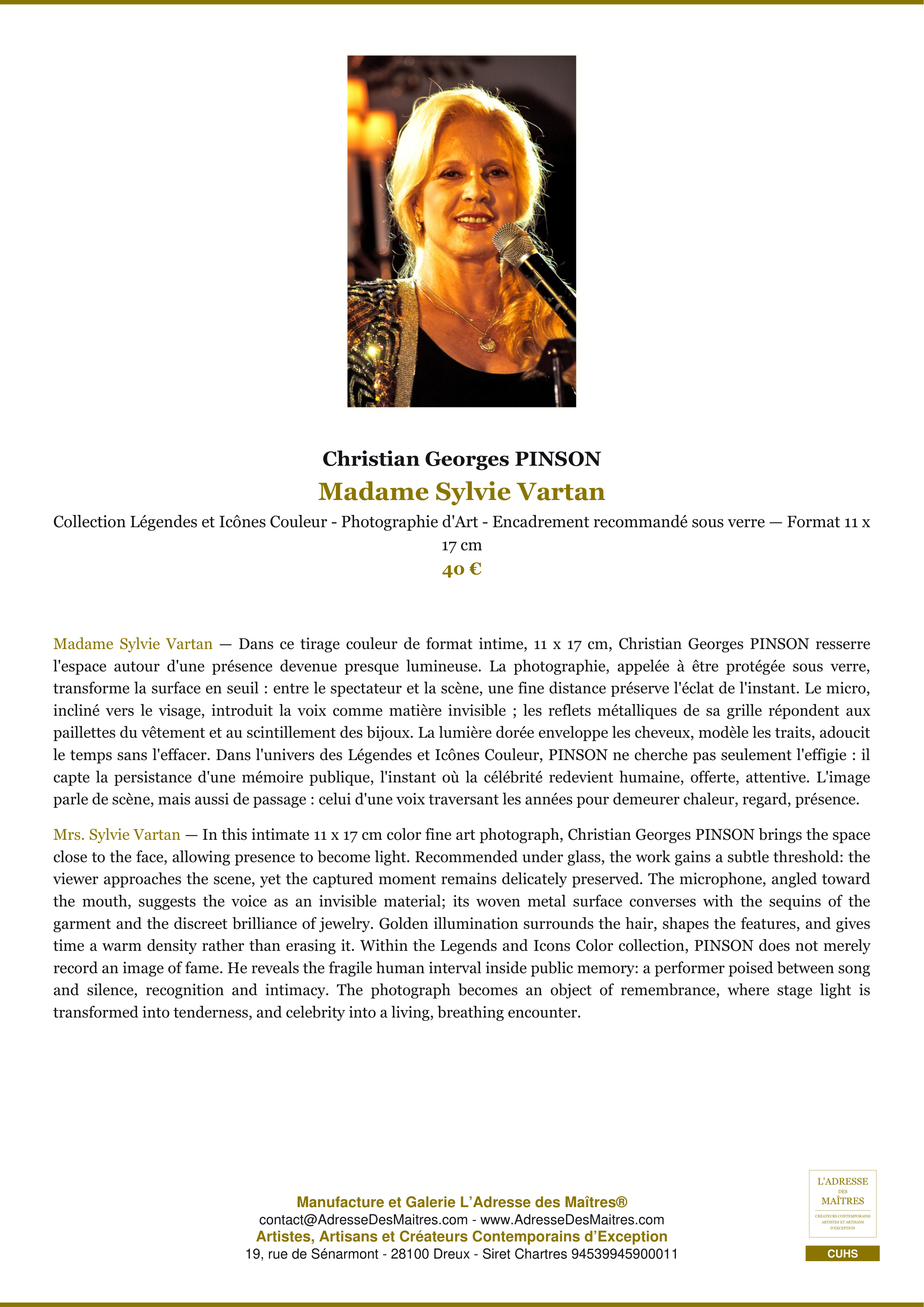 Fiche Premium — Madame Sylvie Vartan — Christian Georges PINSON — L'Adresse des Maîtres®