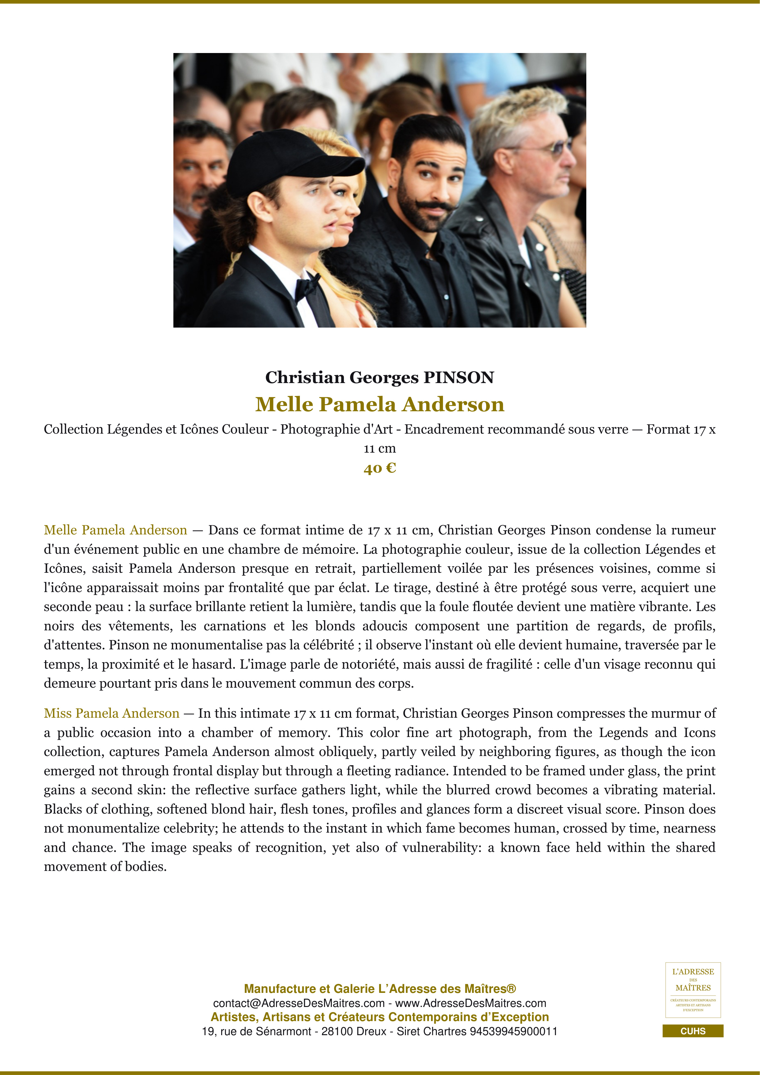 Fiche Premium — Melle Pamela Anderson — Christian Georges PINSON — L'Adresse des Maîtres®