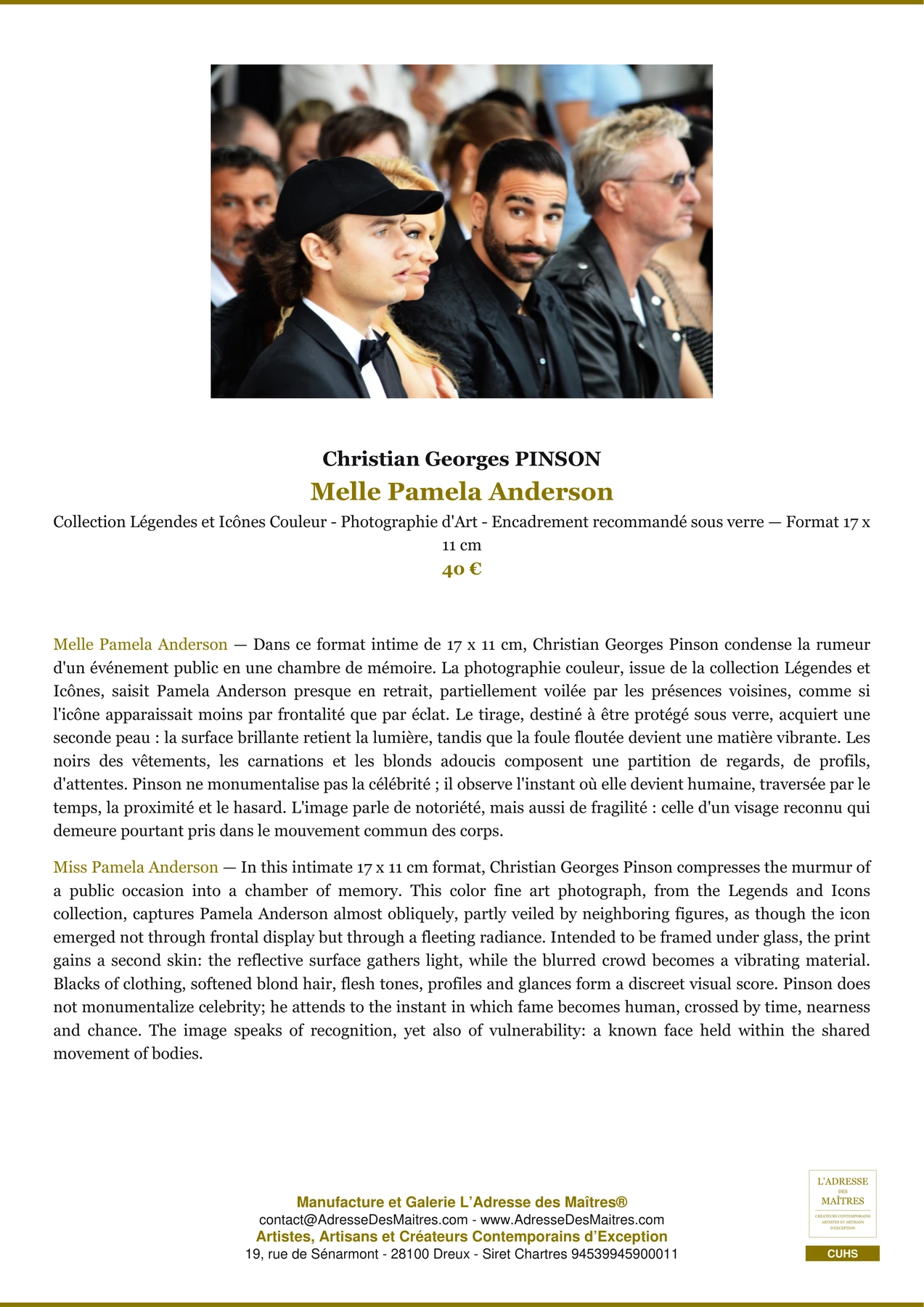 Fiche Premium - Melle Pamela Anderson - Christian Georges PINSON - L'Adresse des Maîtres®