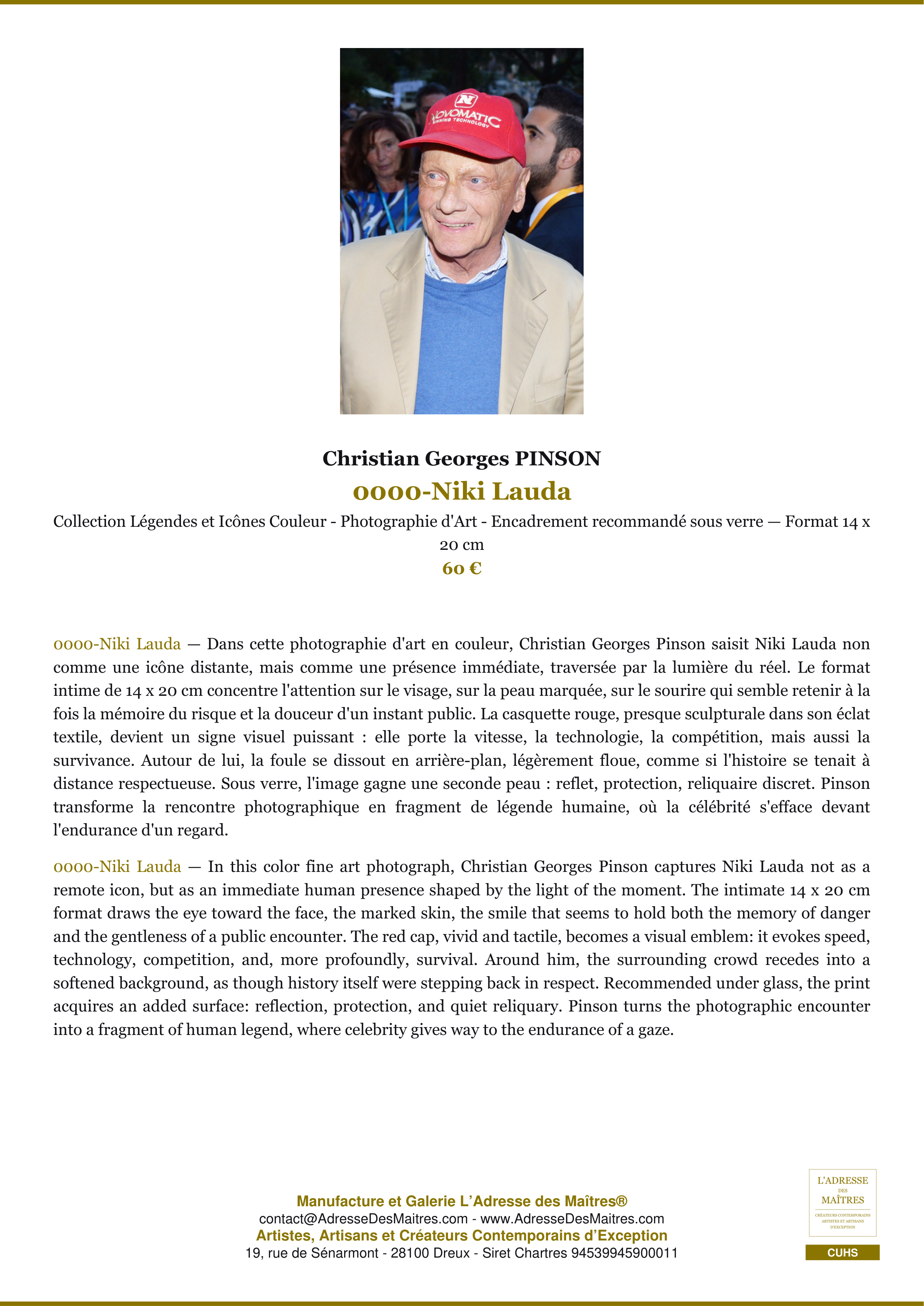 Fiche Premium — 0000-Niki Lauda — Christian Georges PINSON — L'Adresse des Maîtres®