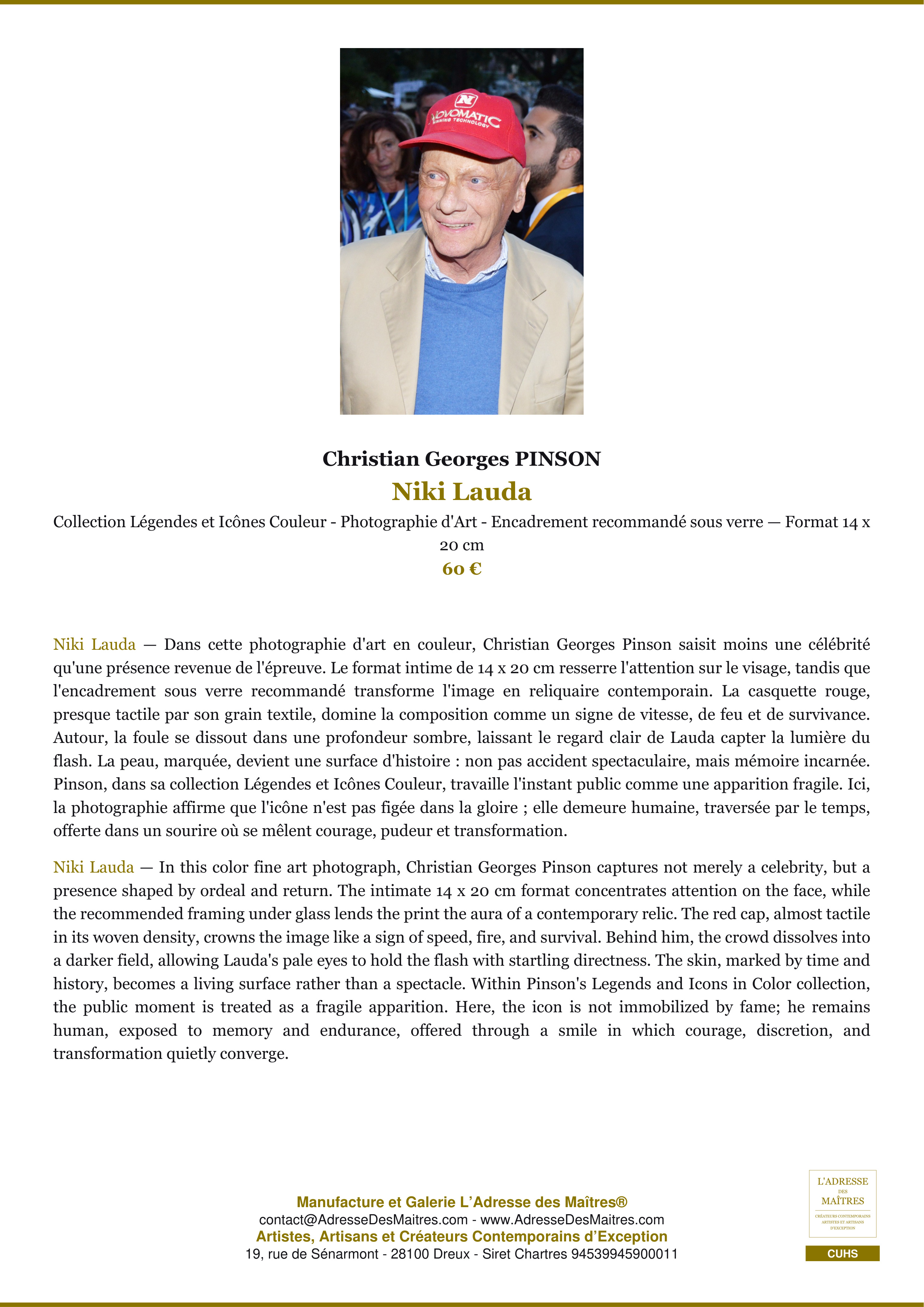 Fiche Premium — Niki Lauda — Christian Georges PINSON — L'Adresse des Maîtres®