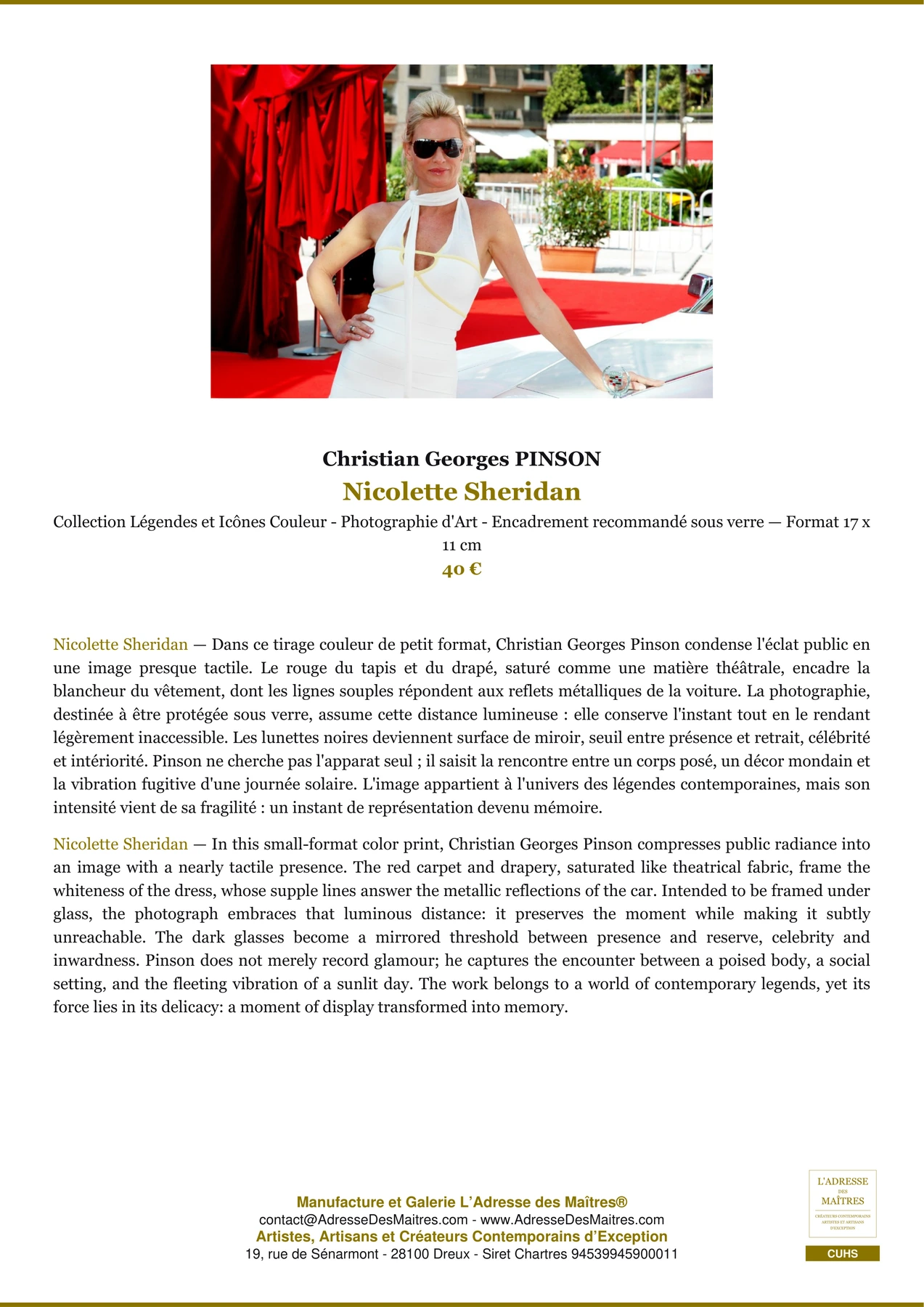 Fiche Premium - Nicolette Sheridan - Christian Georges PINSON - L'Adresse des Maîtres®
