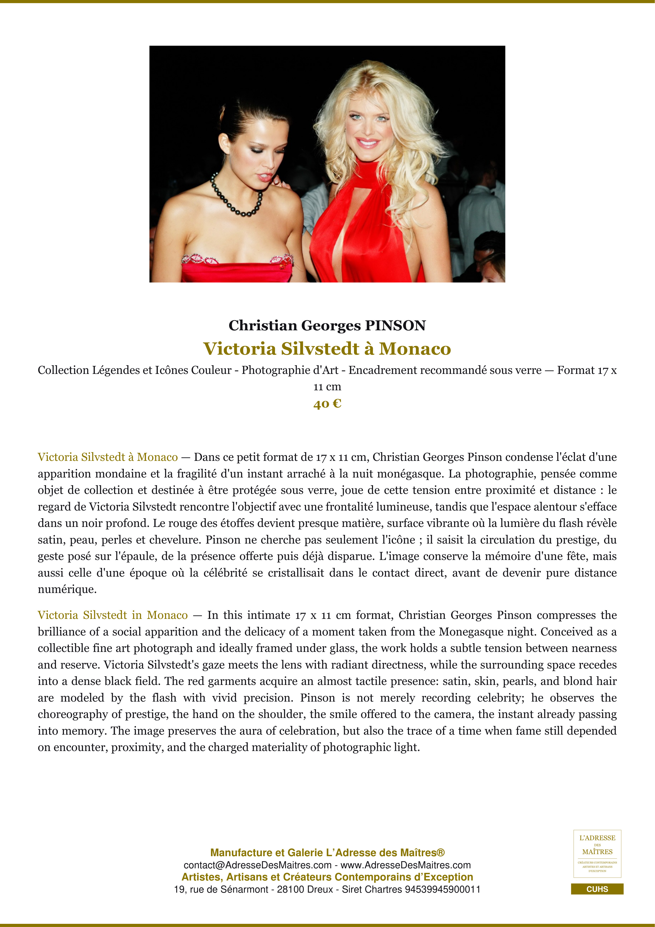 Fiche Premium — Victoria Silvstedt à Monaco — Christian Georges PINSON — L'Adresse des Maîtres®