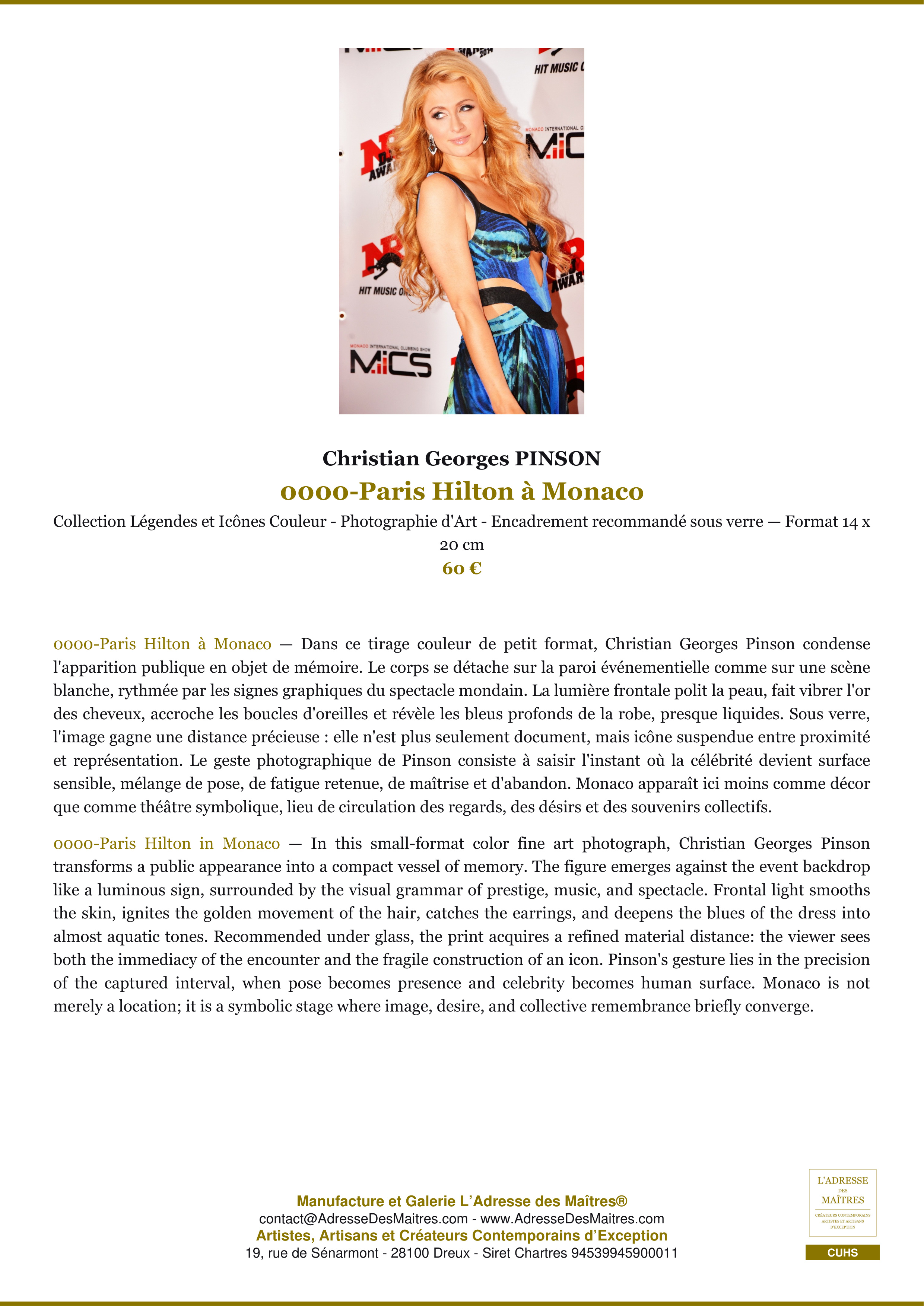 Fiche Premium — 0000-Paris Hilton à Monaco — Christian Georges PINSON — L'Adresse des Maîtres®