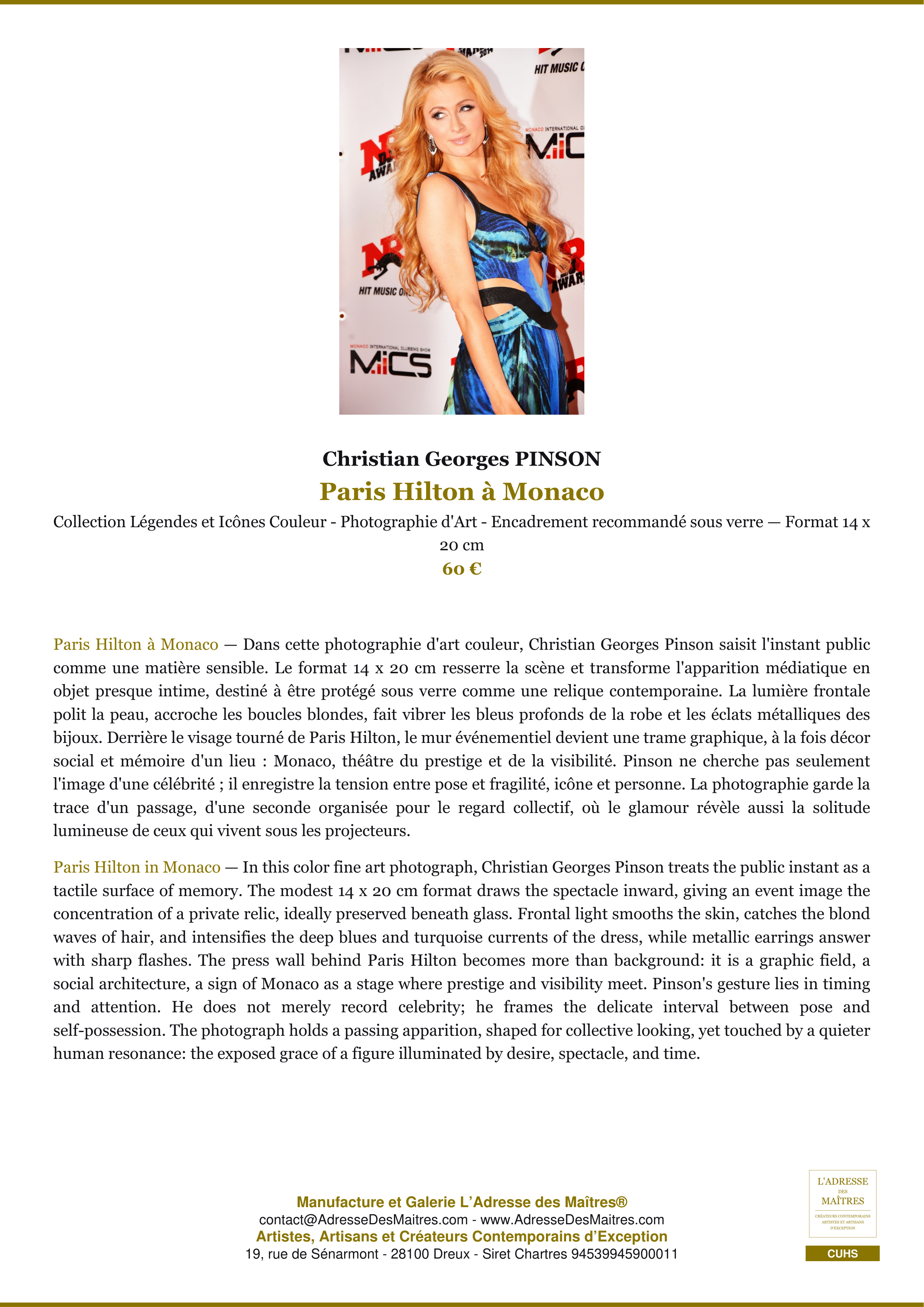Fiche Premium — Paris Hilton à Monaco — Christian Georges PINSON — L'Adresse des Maîtres®