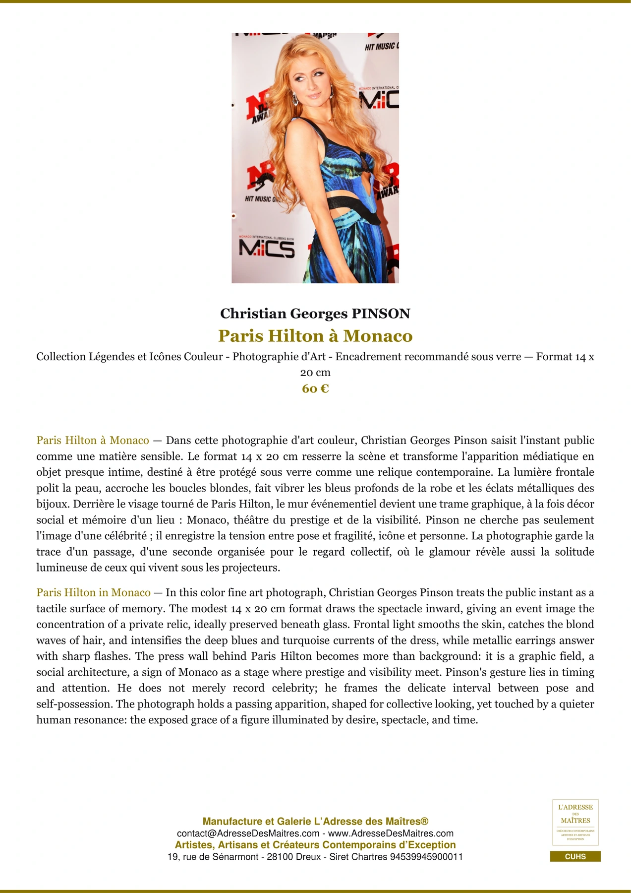 Fiche Premium - Paris Hilton à Monaco - Christian Georges PINSON - L'Adresse des Maîtres®